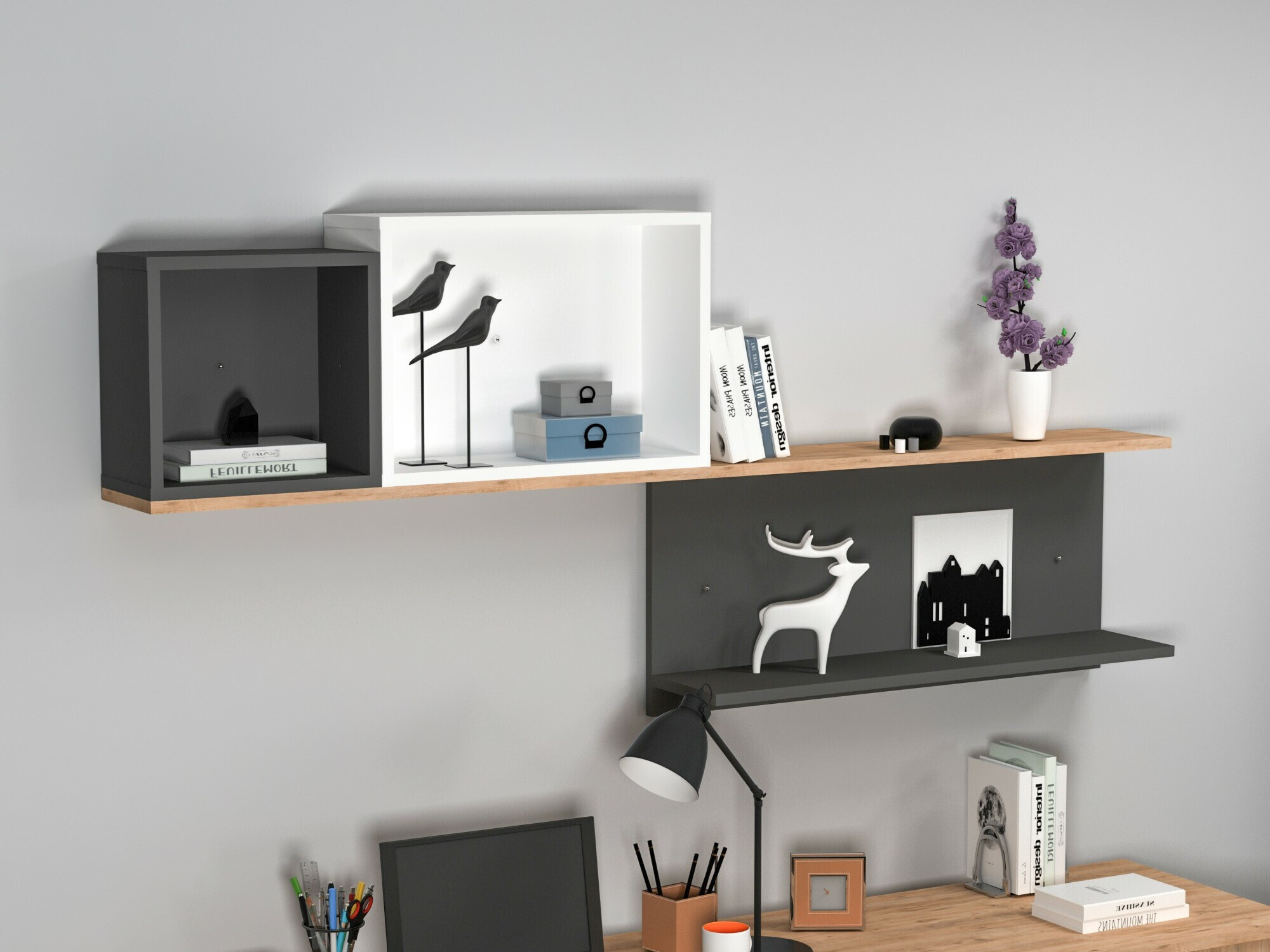 Fali polc Kailua 2184 (Fehér + Antracit + Fenyő)