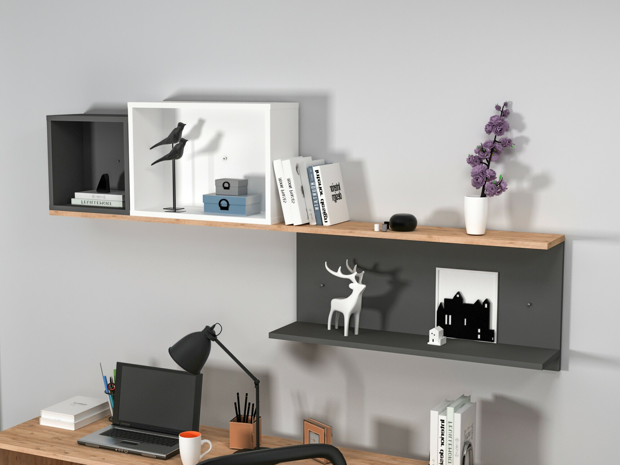 Fali polc Kailua 2184 (Fehér + Antracit + Fenyő)