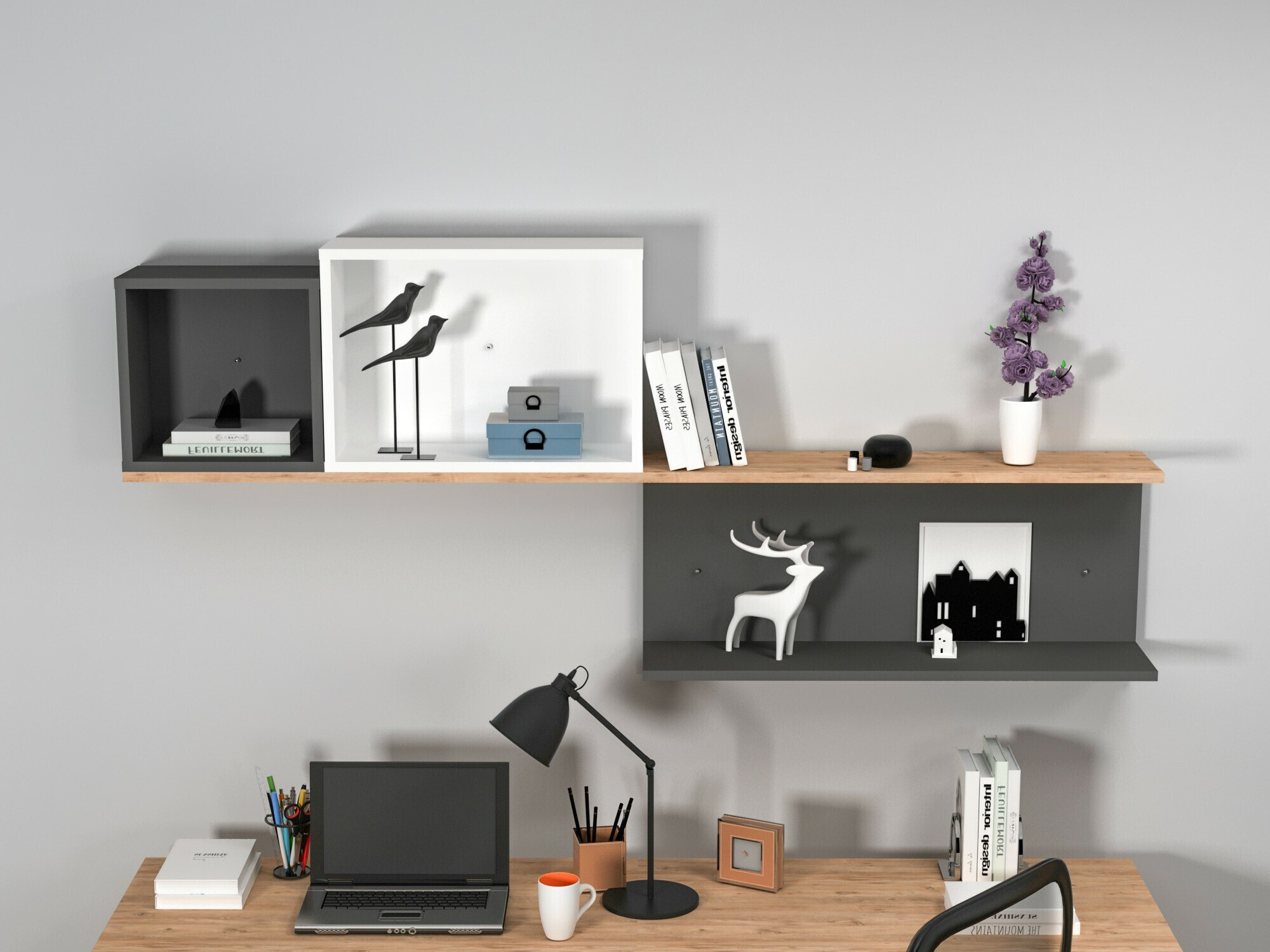 Fali polc Kailua 2184 (Fehér + Antracit + Fenyő)