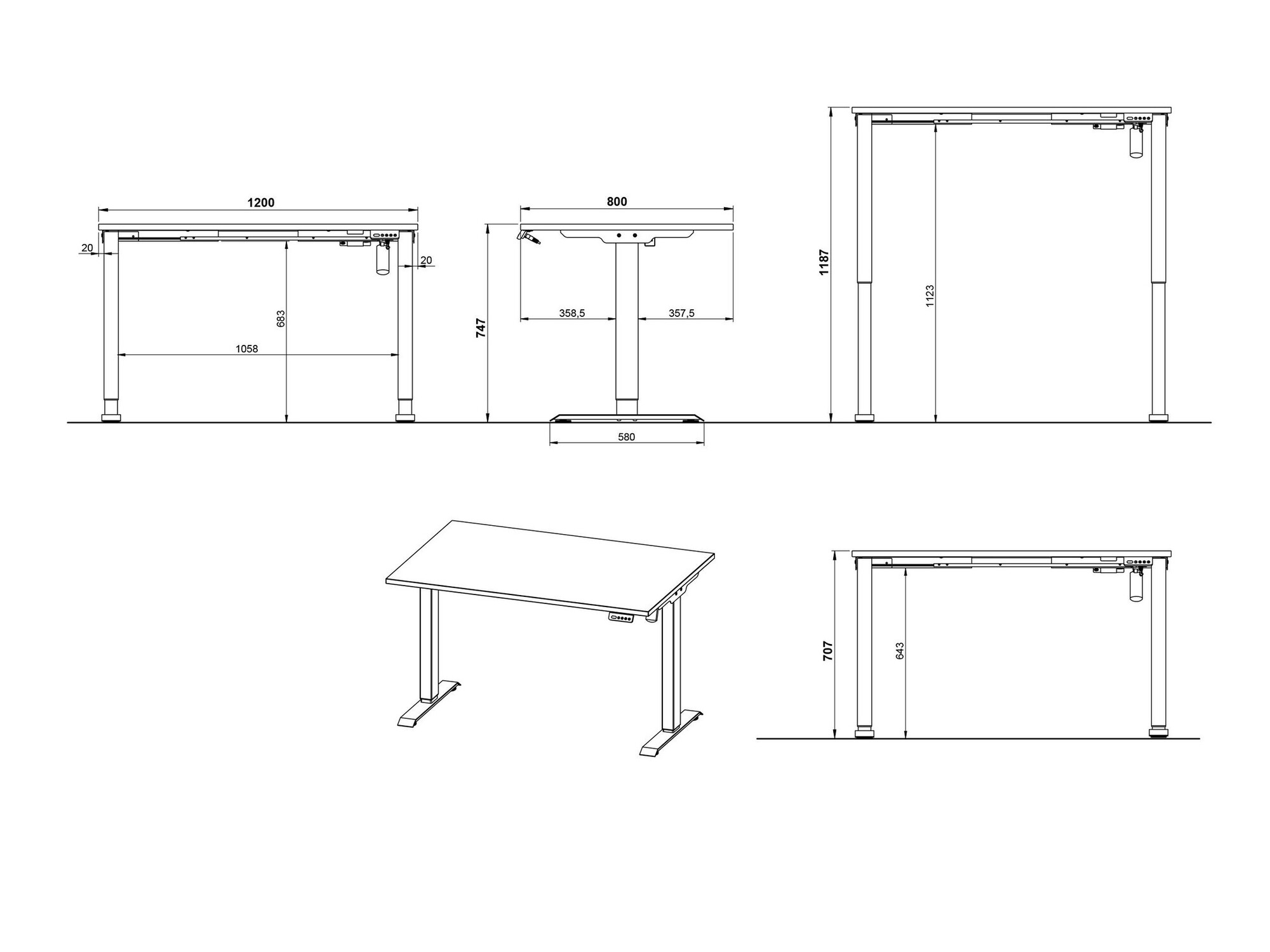 Állítható magasságú íróasztal Lartesi 115 (Grafit + Fekete)
