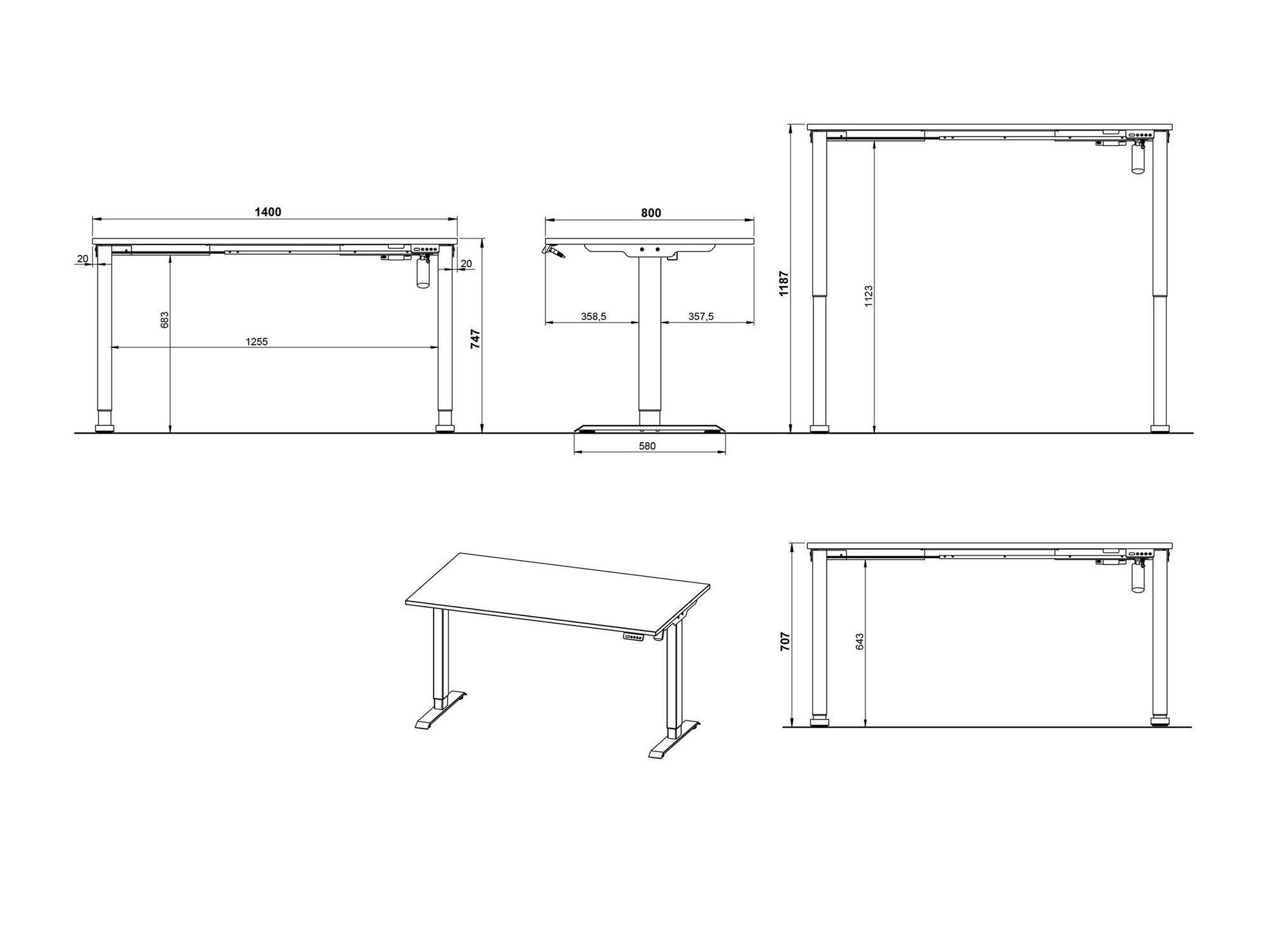 Állítható magasságú íróasztal Lartesi 117 (Világosszürke + Fekete)