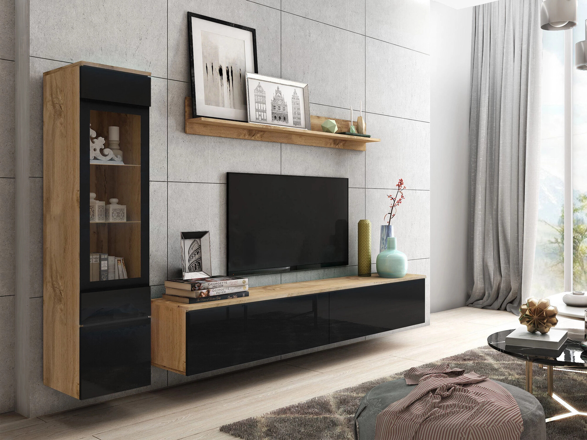 Nappali szett Sarasota 125 (Wotan tölgy + Fényes fekete)