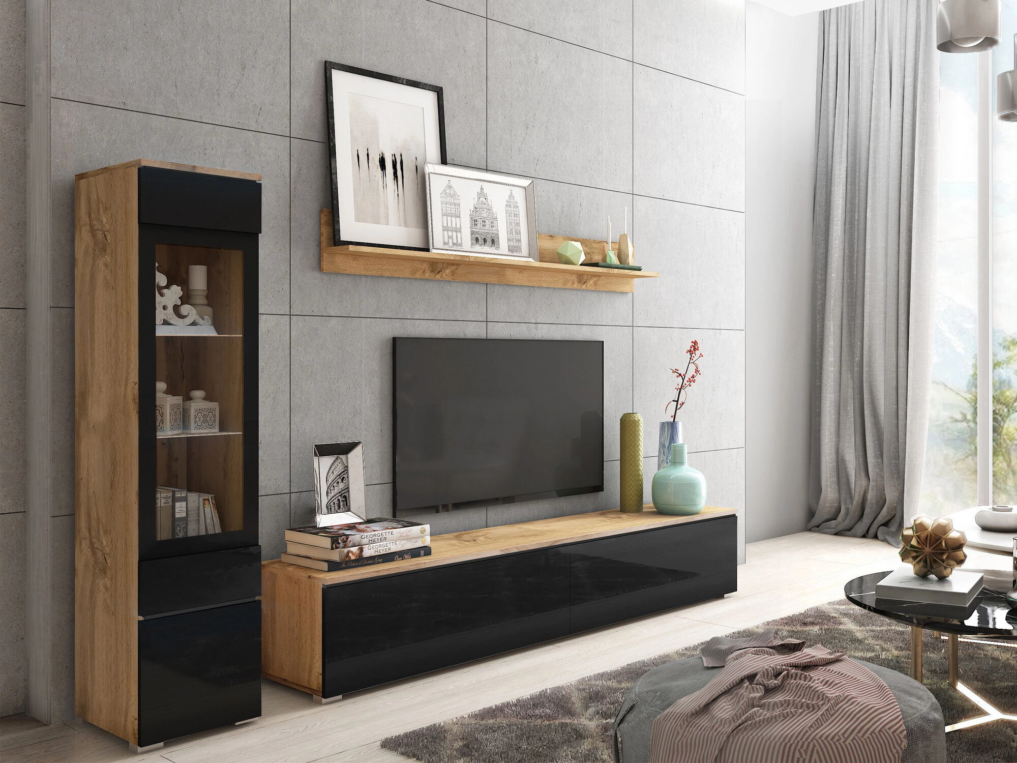 Nappali szett Sarasota 125 (Wotan tölgy + Fényes fekete)