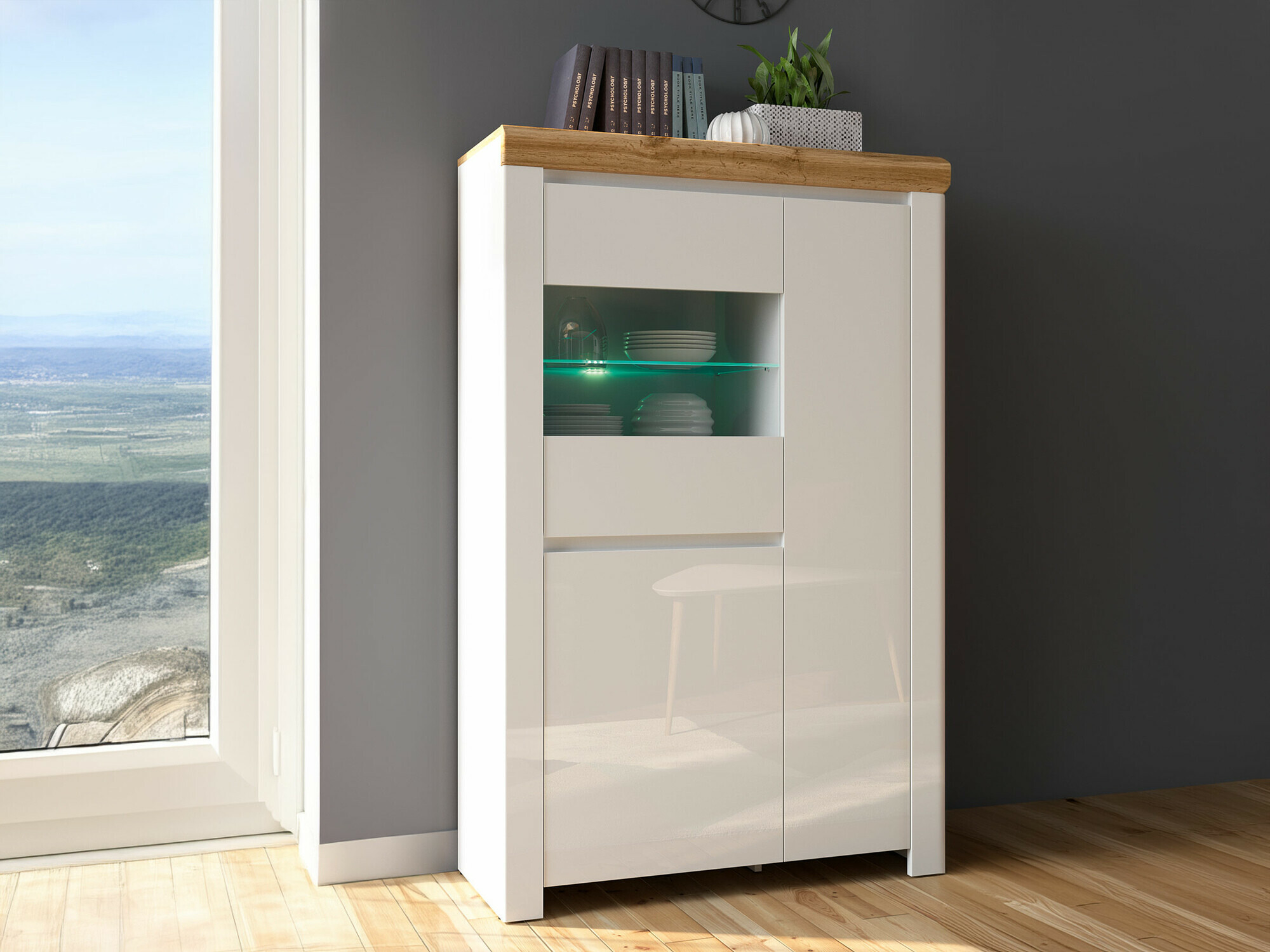 Könyvespolc Sonsoru 105 (Fehér + Fényes fehér + Wotan tölgy)