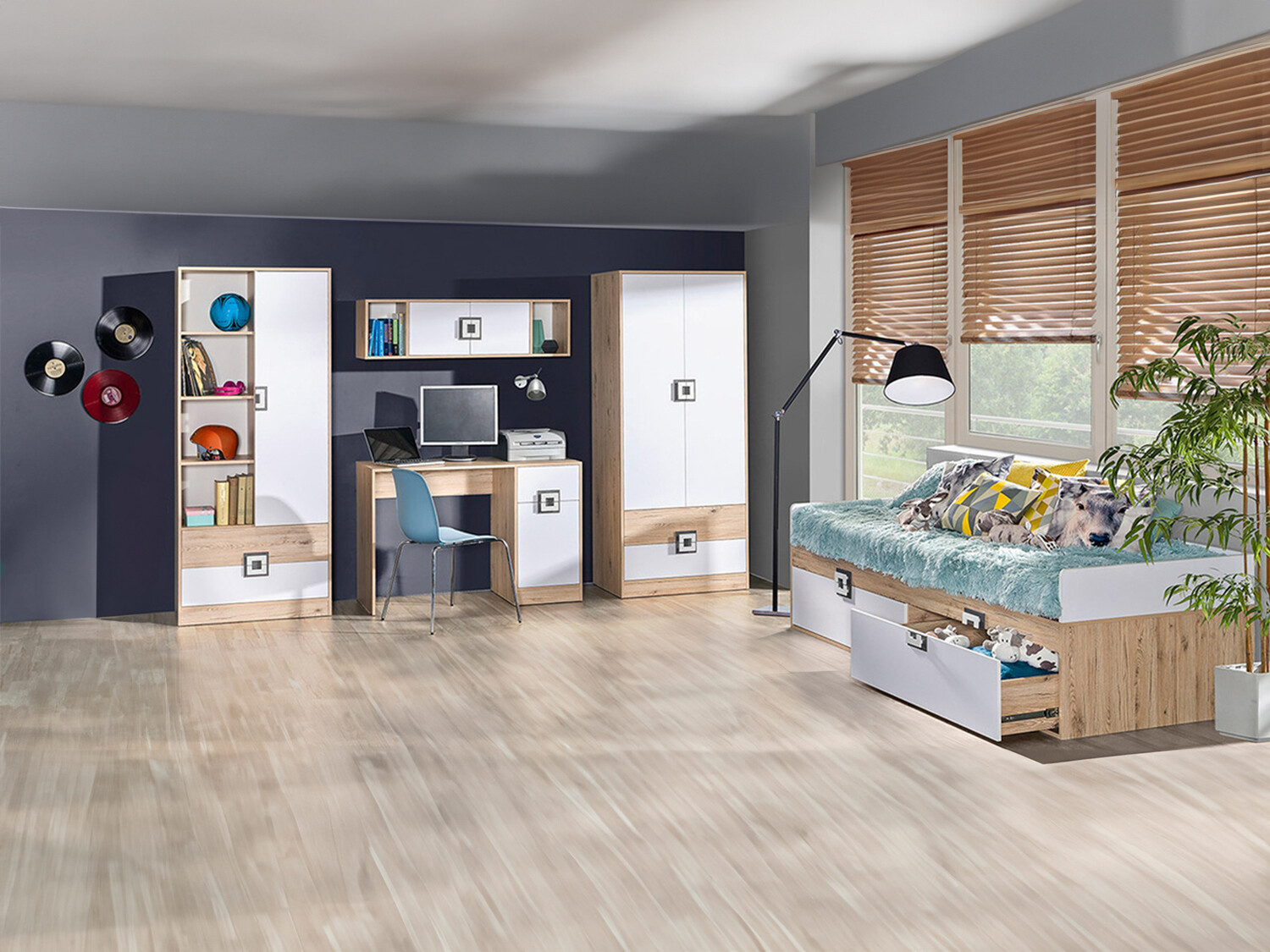 Gyerekszoba garnitúra Balvire 116 (Világos tölgy + Fehér + Szürke)