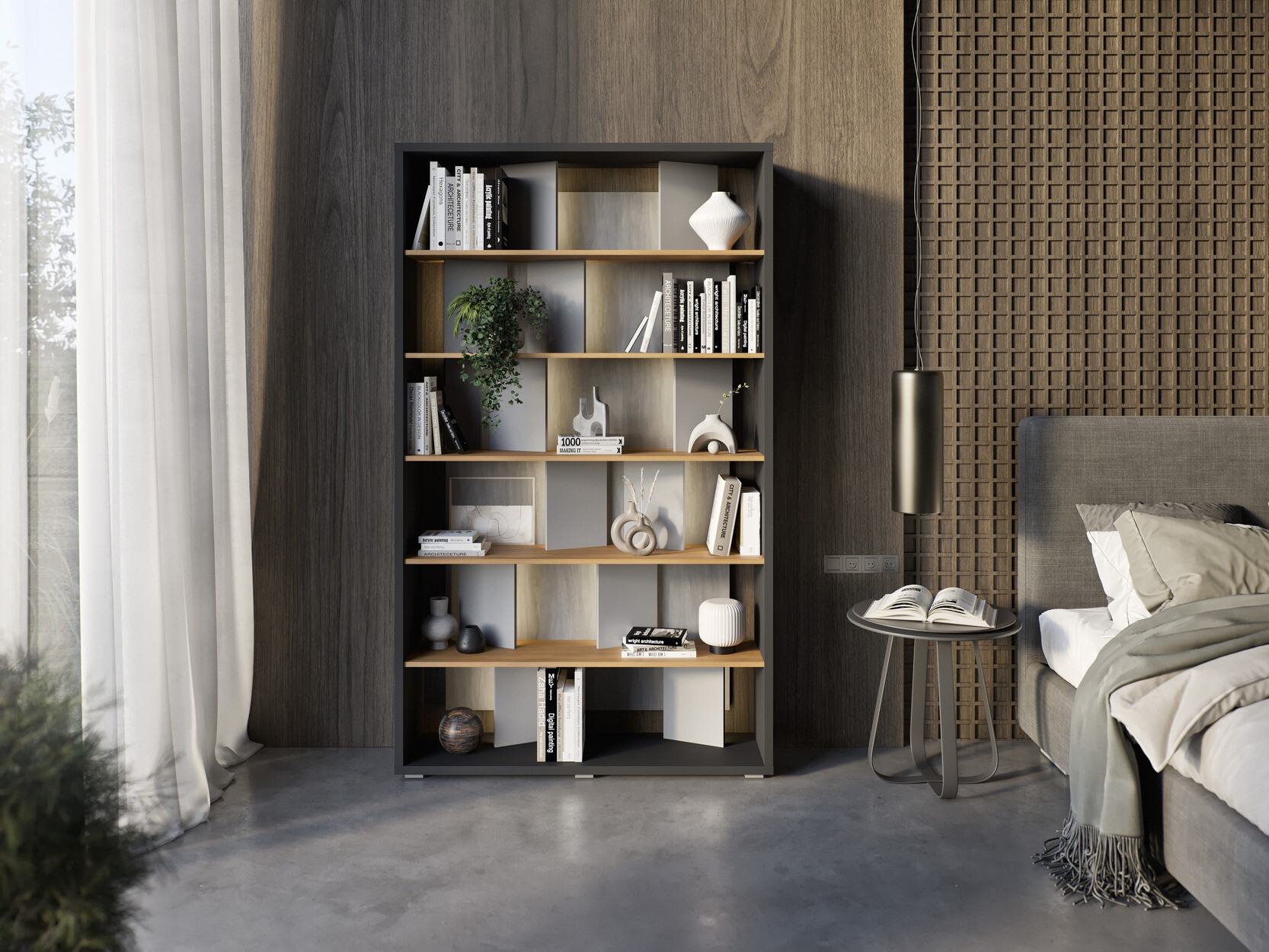 Könyvespolc Fresno 154 (Fényes szürke + Grafit + Tölgy)