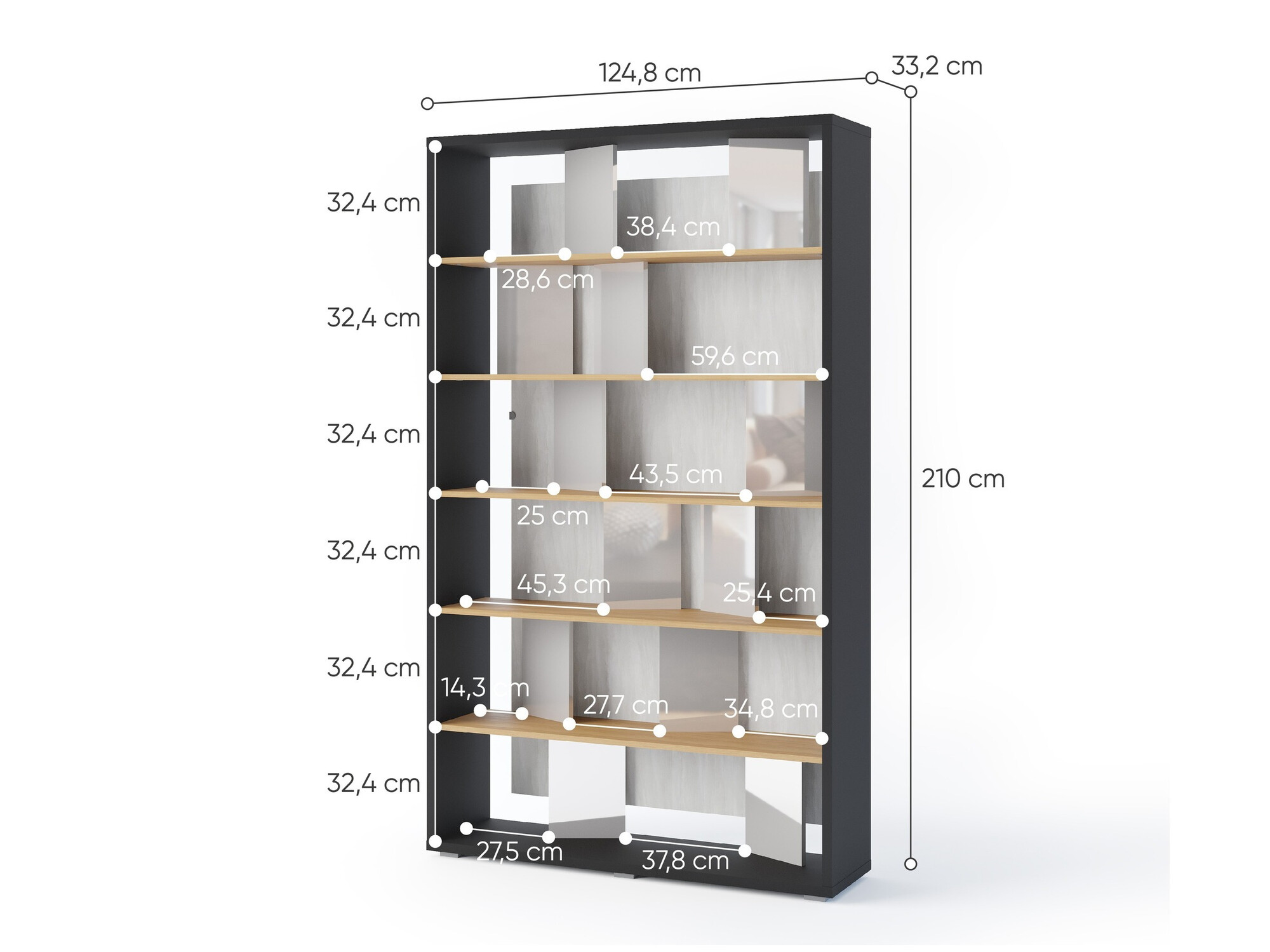 Könyvespolc Fresno 154 (Fényes szürke + Grafit + Tölgy)