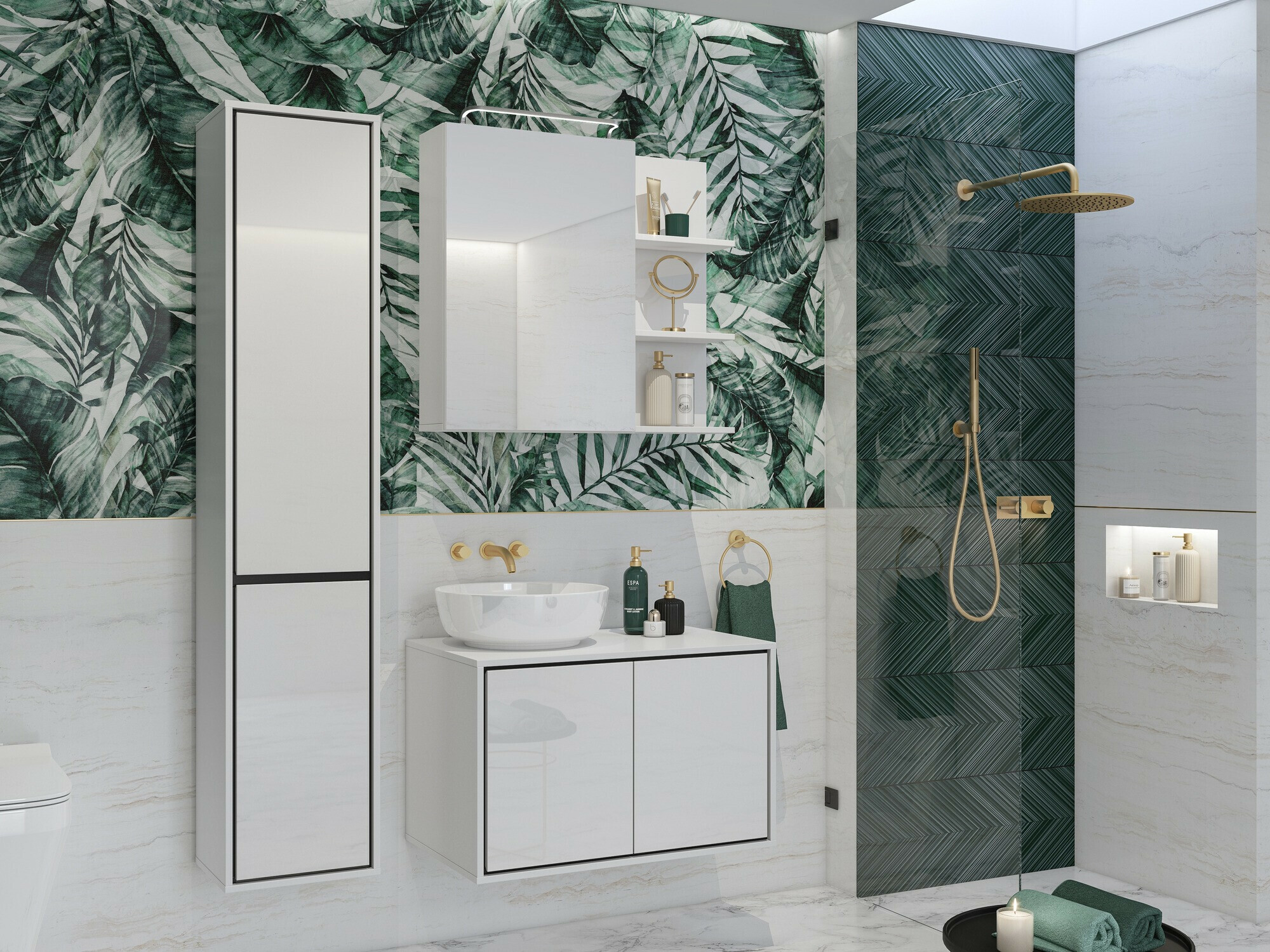 Fali szekrény mosdónak Tecavu 103 (Fényes fehér + Fehér)