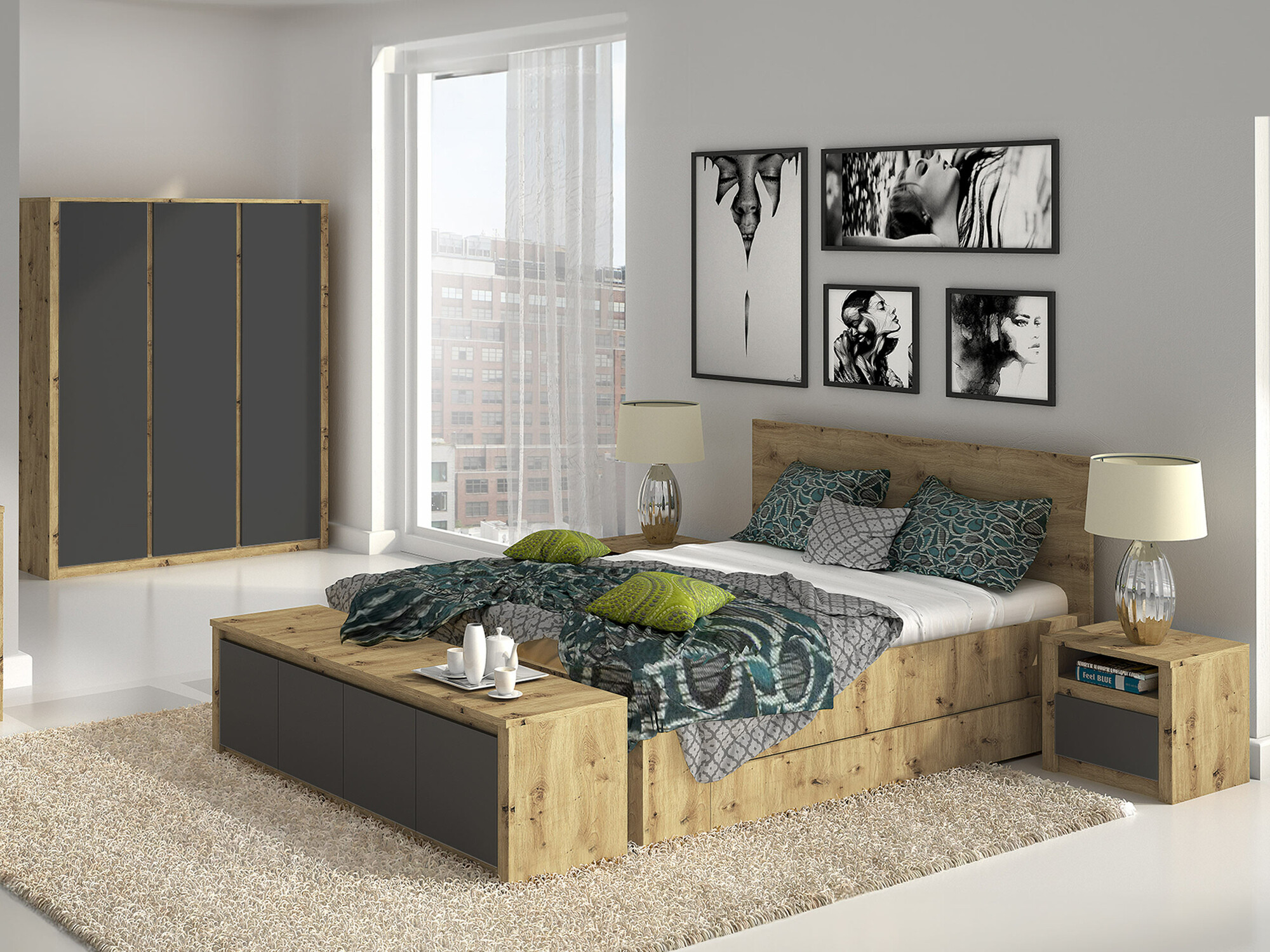 Hálószoba garnitúra Deldale 118 (Artisan tölgy + Szürke)