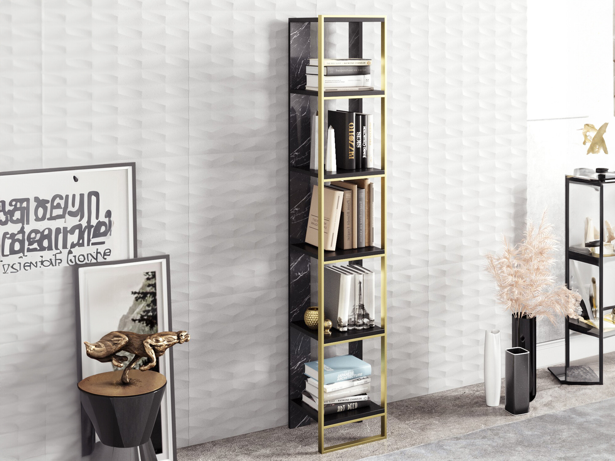 Könyvespolc Kailua 1092 (Fekete márvány + Aranysárga)