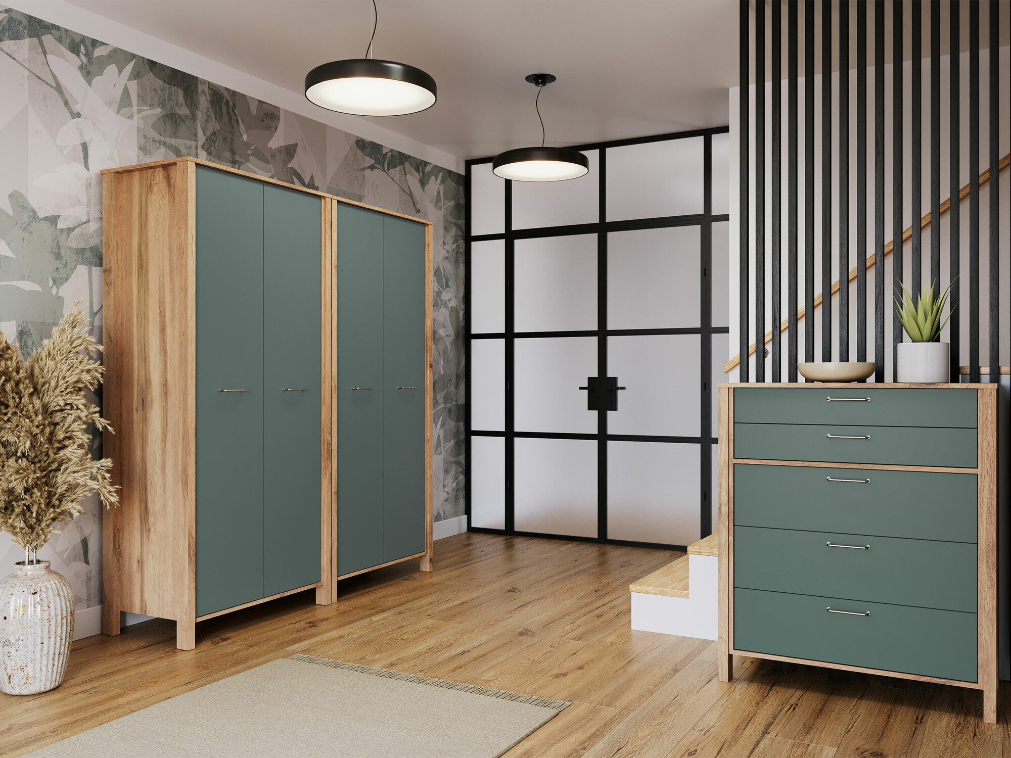 Gardróbszekrény Venmelu 112 (Wotan tölgy + Zöld)