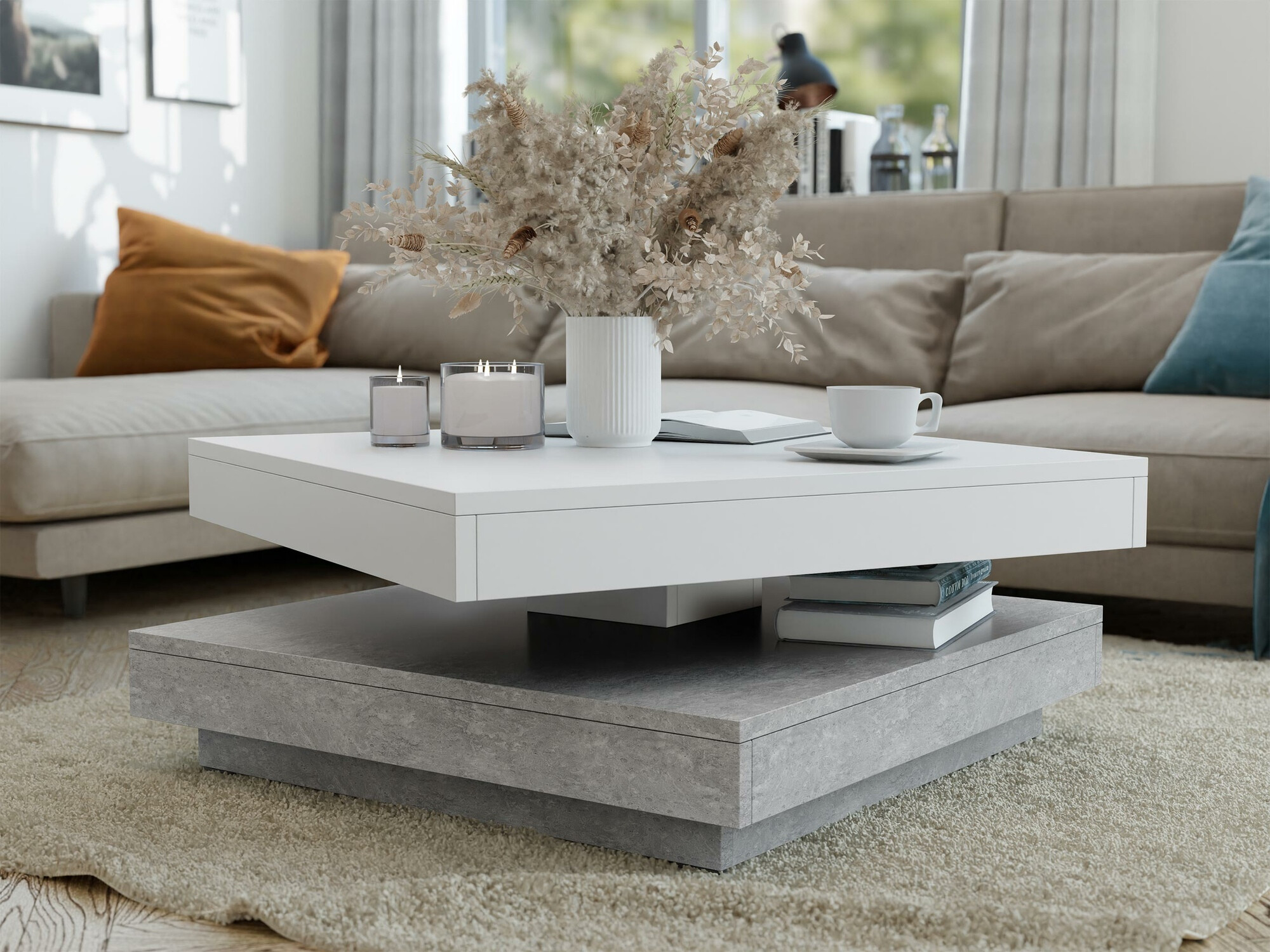 Kihajtható dohányzóasztal Comfivo 385 (Beton + Fehér)