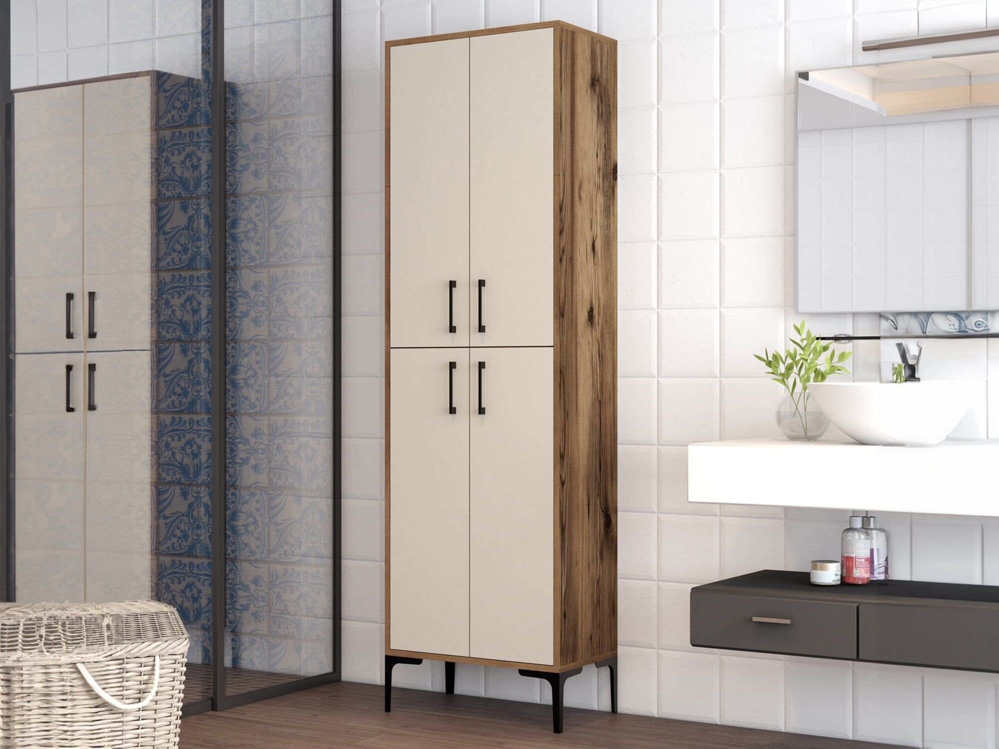 Beépített fürdőszoba szekrény Kailua 2068 (Dió + Krém)