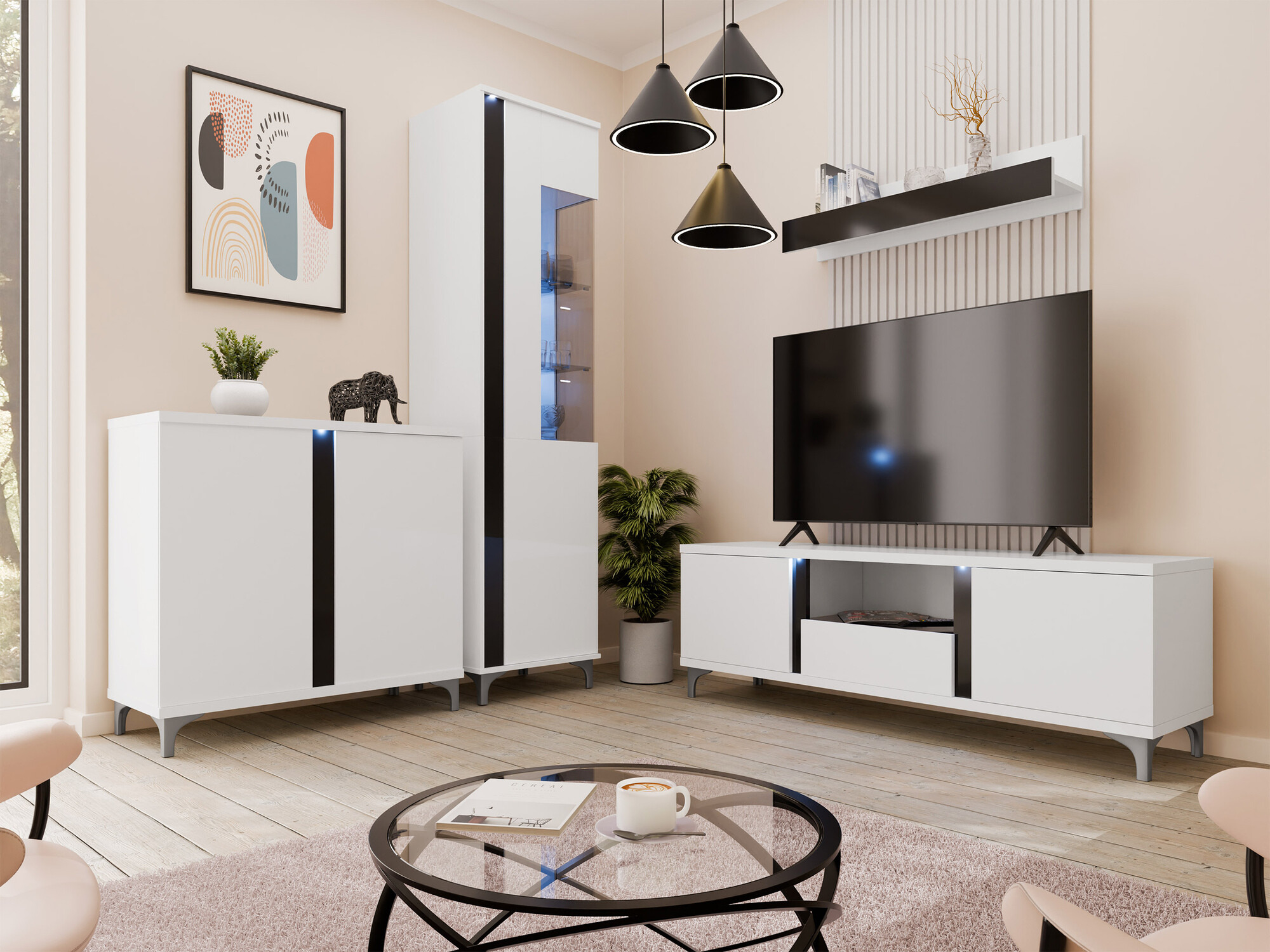 Szekrény Livseri 102 (Fehér + Fényes fehér + Fényes fekete)