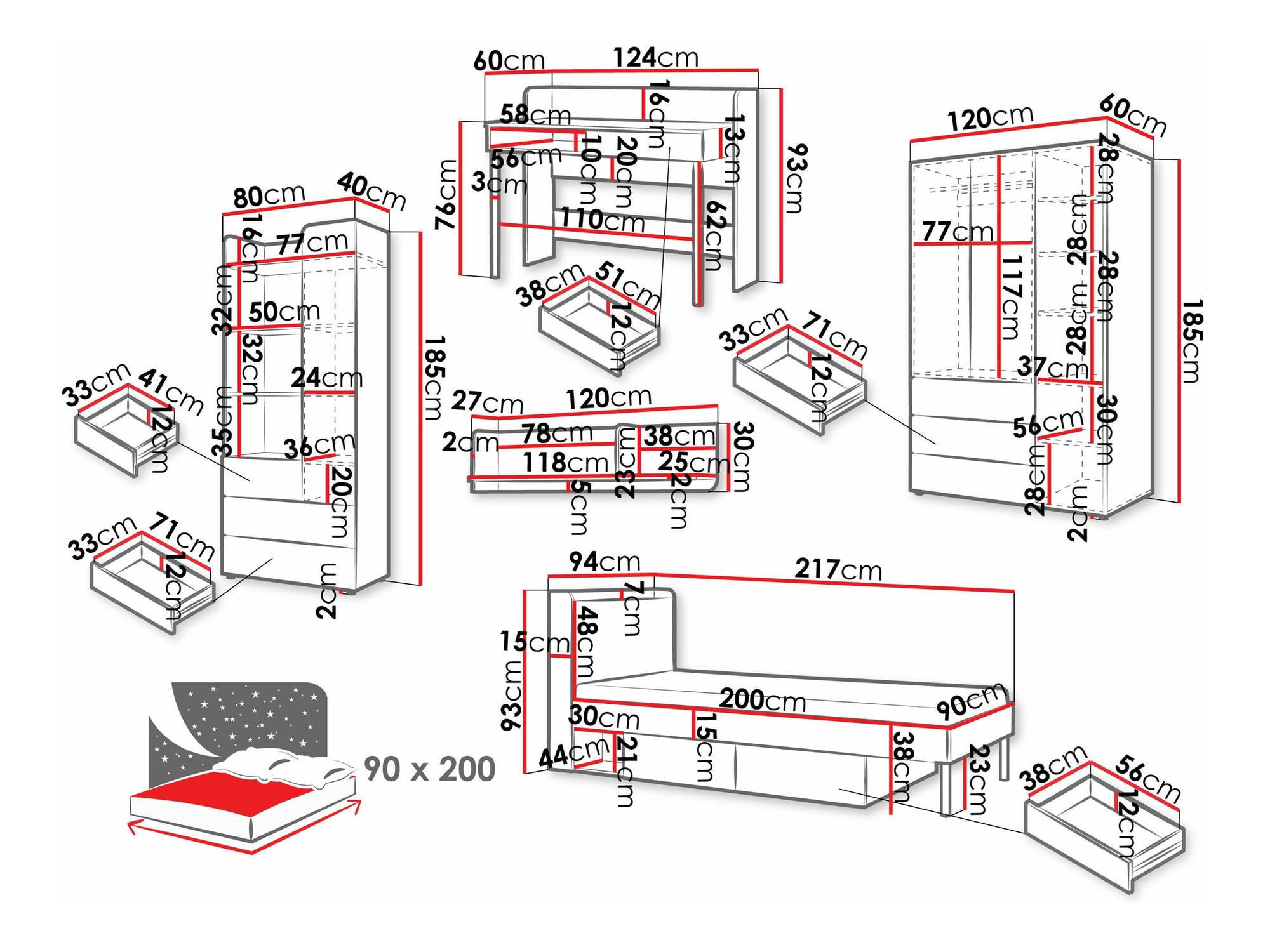 Gyerekszoba garnitúra Domcali 116 (Szürke + Tölgy)