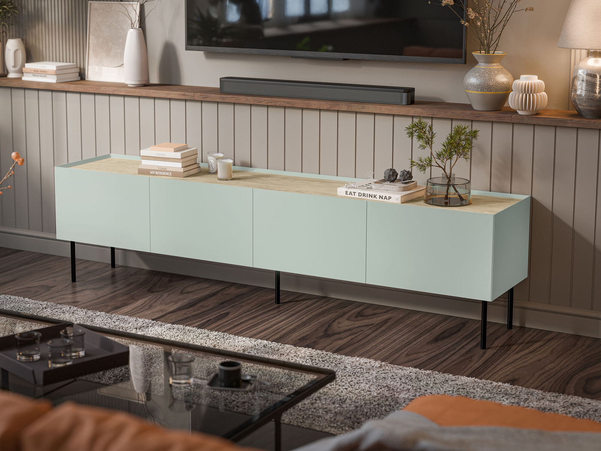 TV-állvány Melbela 107 (Világos olajfa + Tölgy)