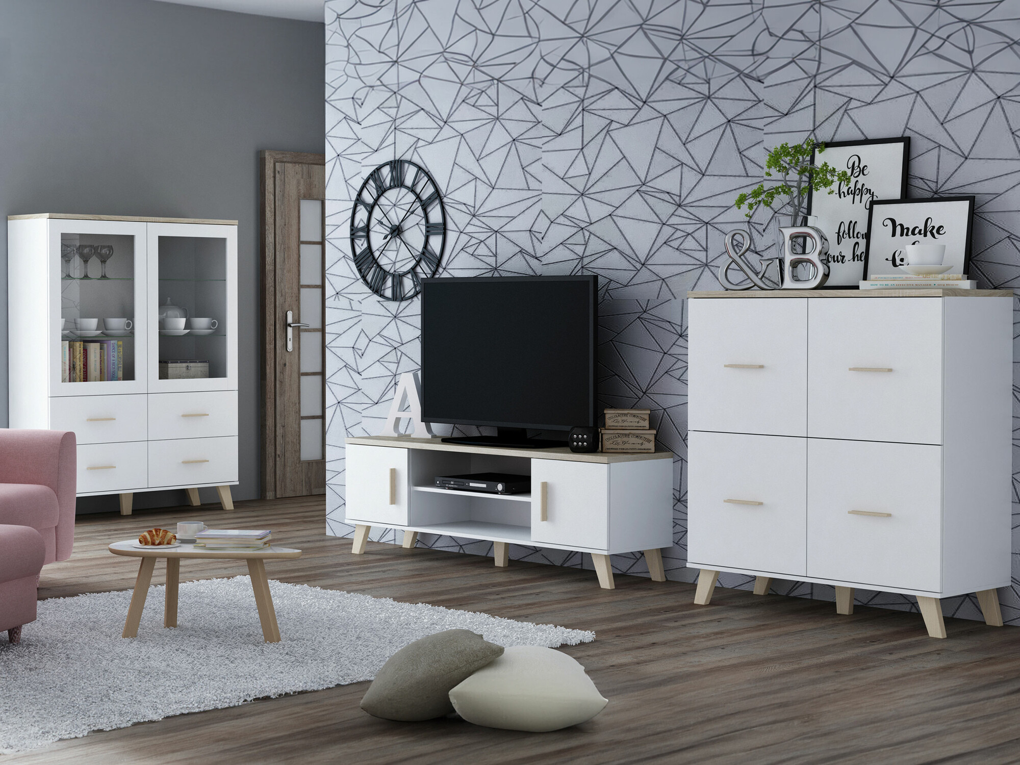 Nappali szett Larfloi 113 (Fehér + Sonoma tölgy)