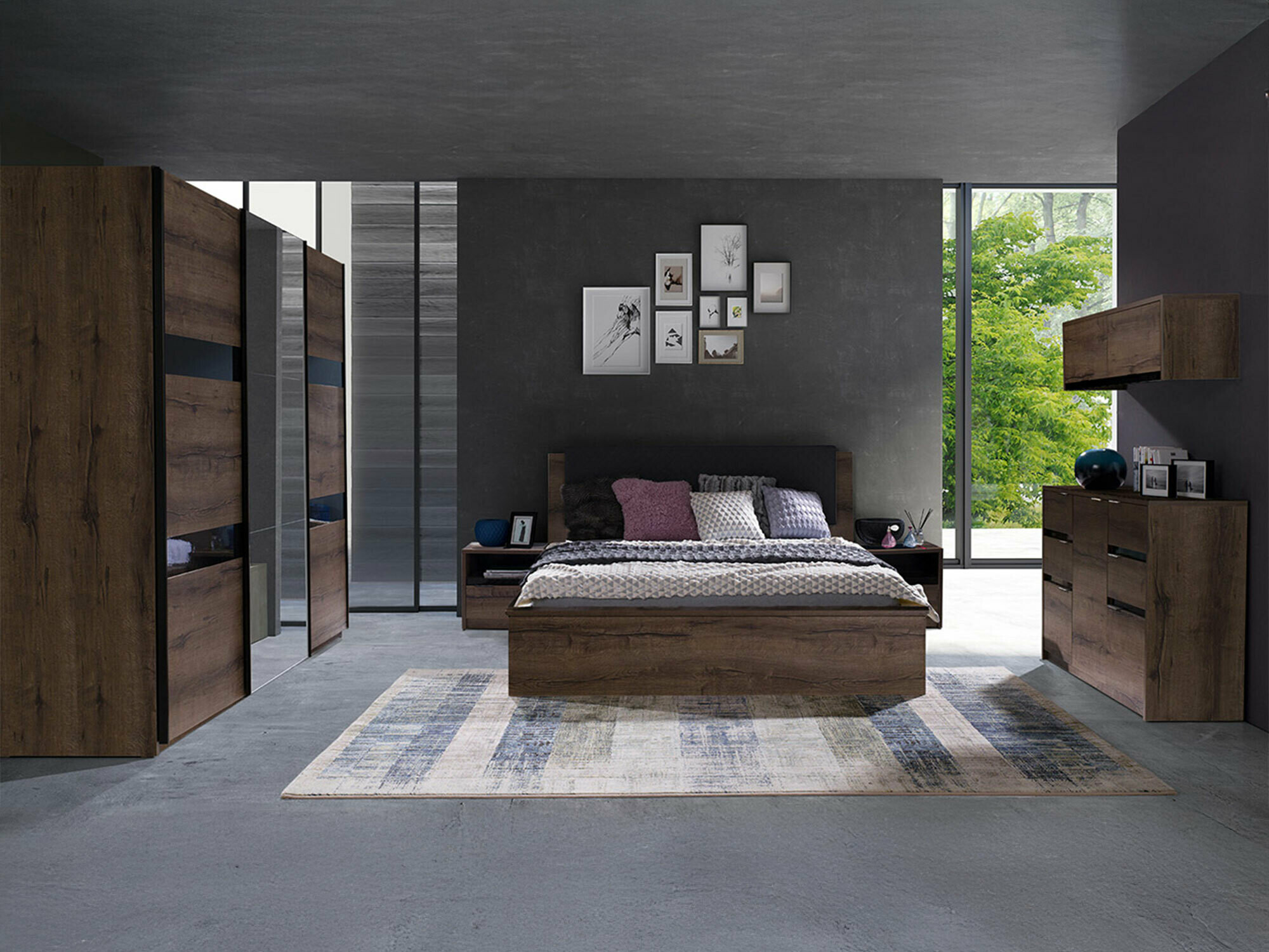 Hálószoba garnitúra Fivelbo 120 (Monastery tölgy + Fényes fekete)