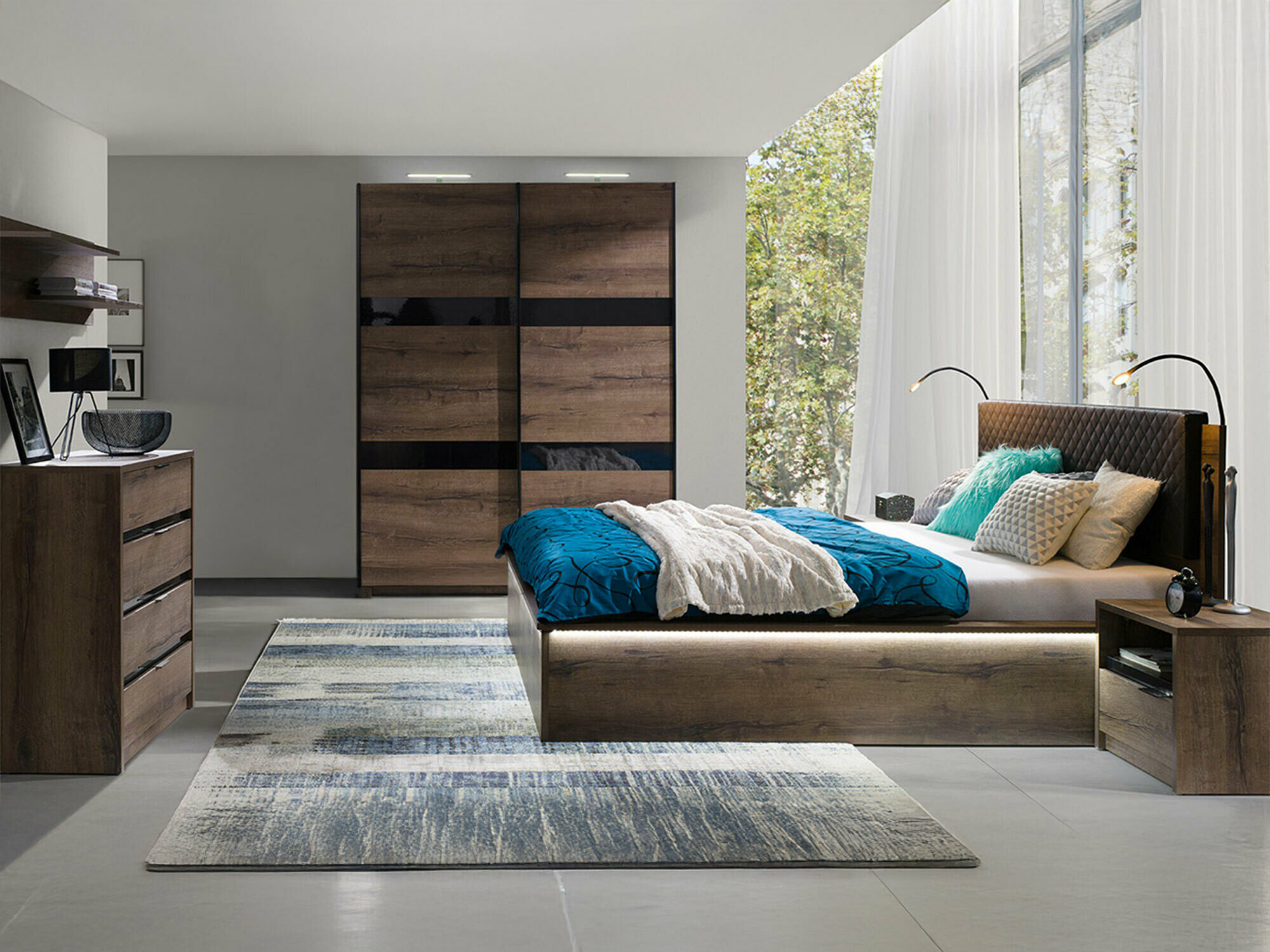 Hálószoba garnitúra Fivelbo 121 (Monastery tölgy + Fényes fekete)