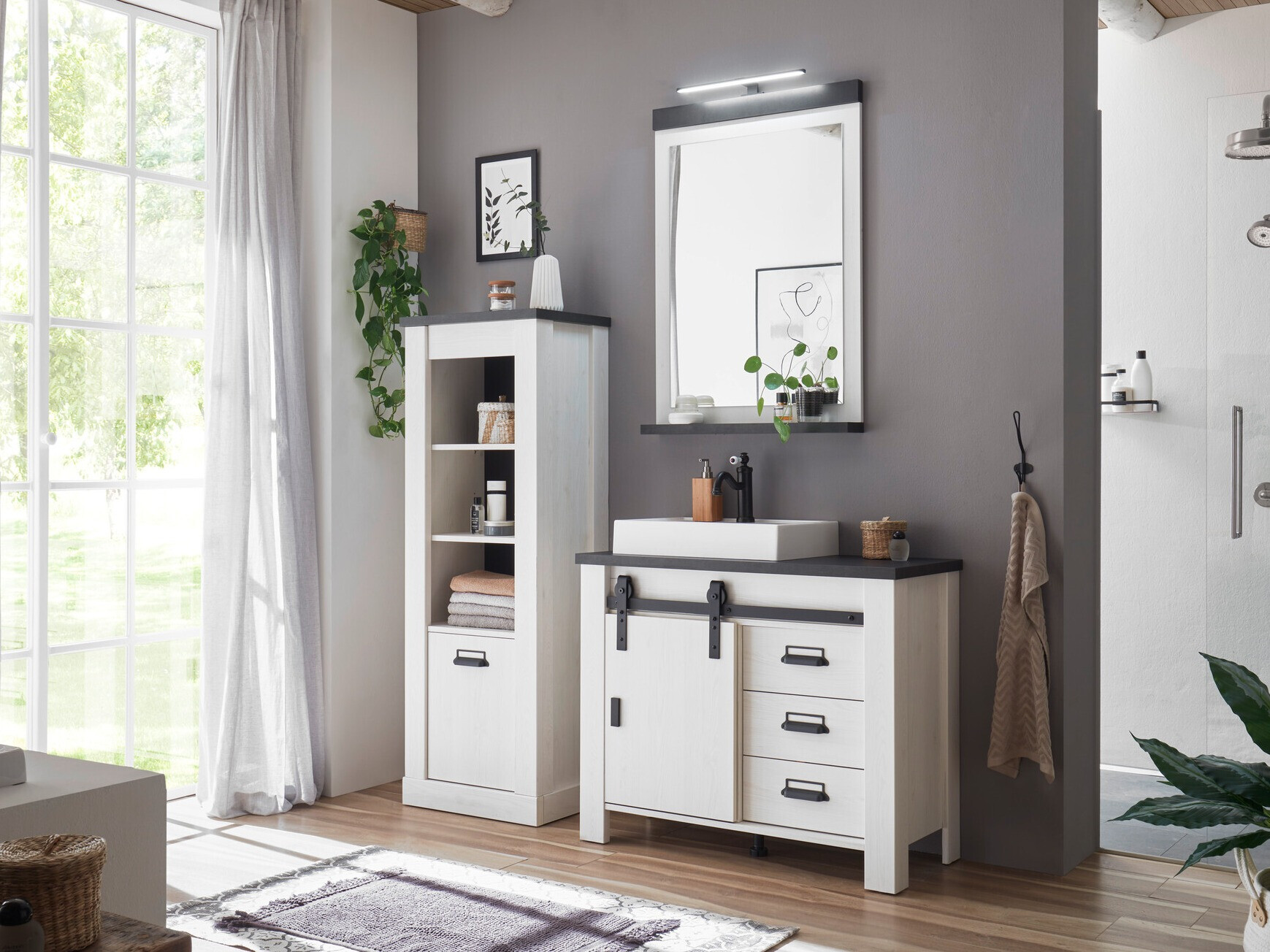 Fürdőszobai garnitúra Cirtale 138 (Fehérített fenyő + Antracit)