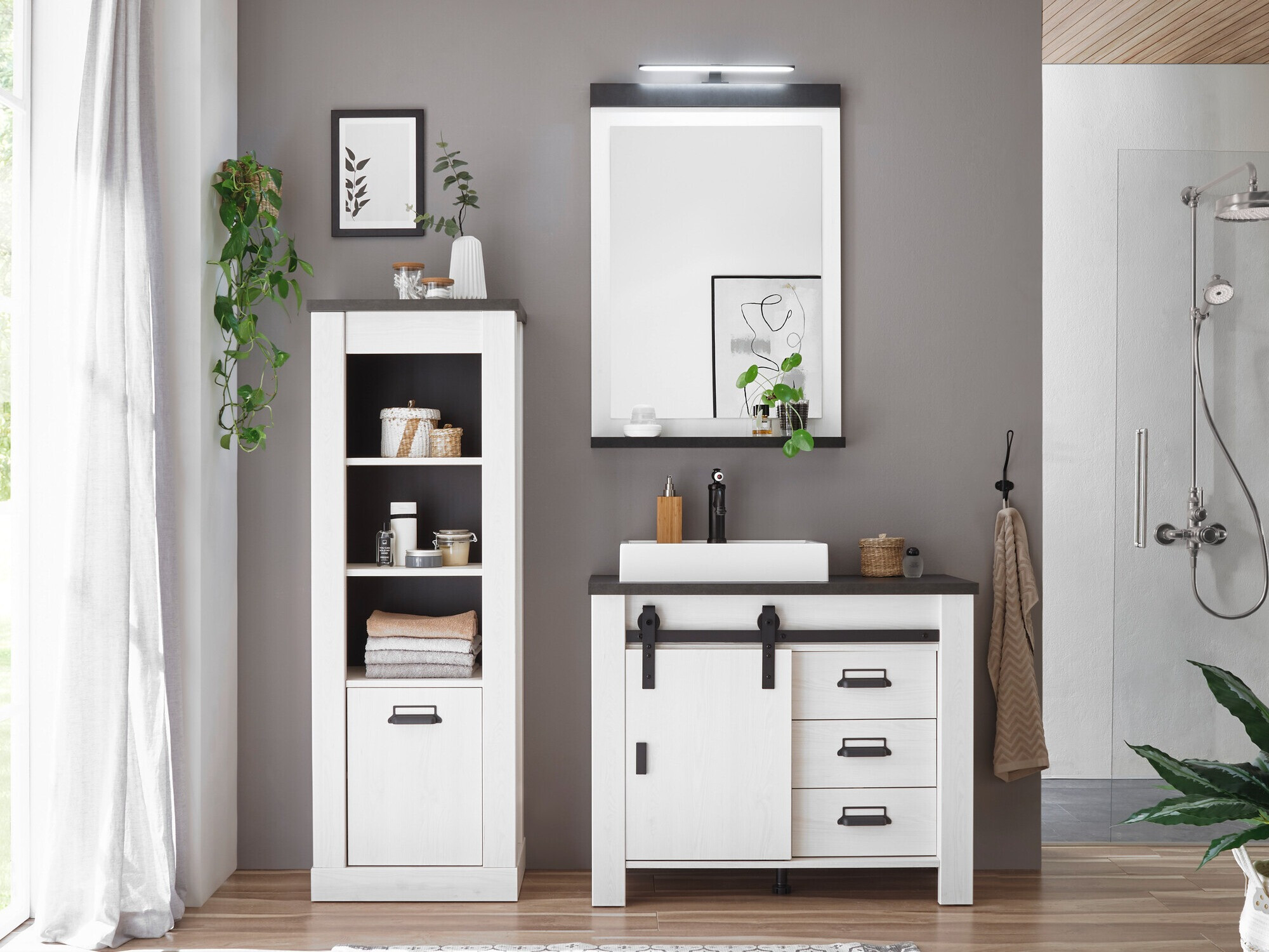 Fürdőszobai garnitúra Cirtale 138 (Fehérített fenyő + Antracit)