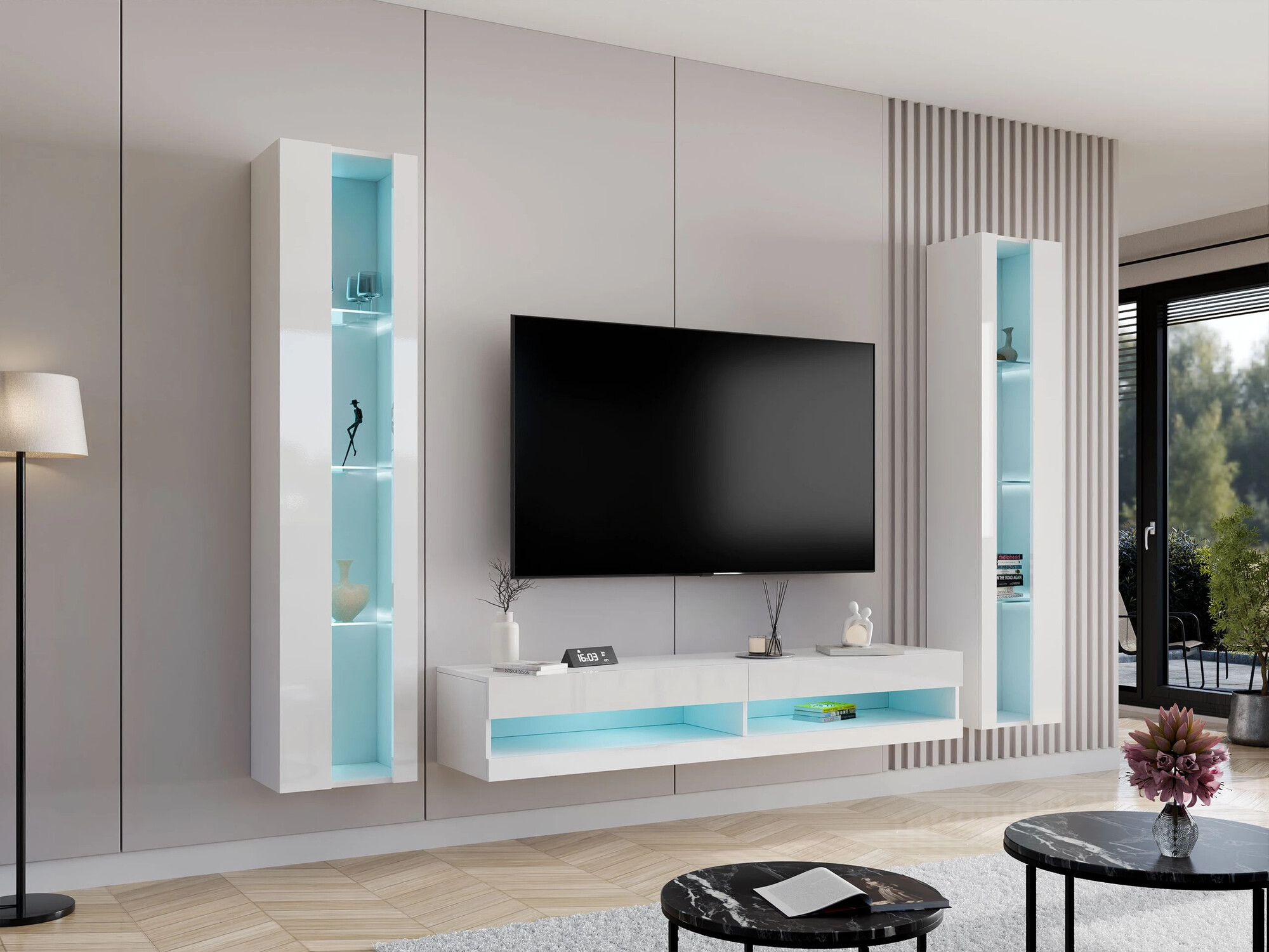 TV-állvány Venenou 120 (Fehér + Fényes fehér)