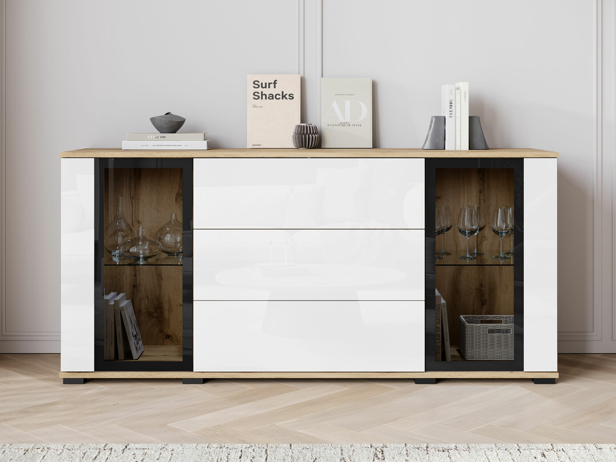 Komód Torcame 101 (Wotan tölgy + Fényes fehér)