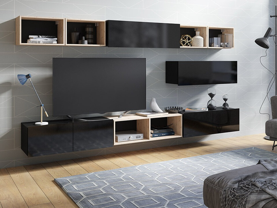 Nappali szett Tivdalu 146 (Fekete + Fényes fekete + Artisan tölgy)