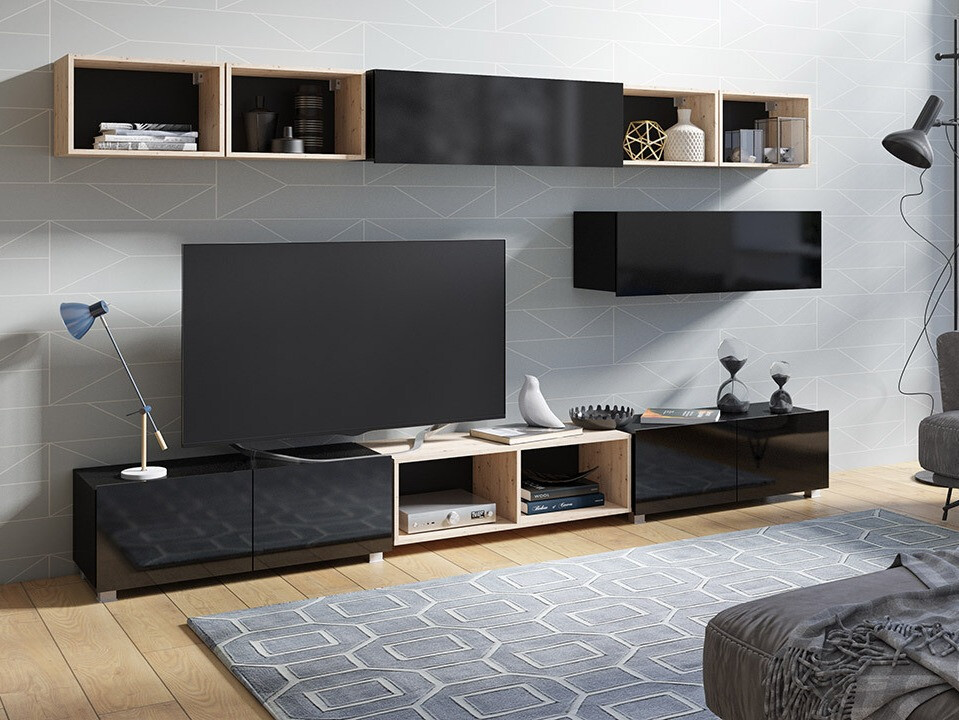 Nappali szett Tivdalu 146 (Fekete + Fényes fekete + Artisan tölgy)