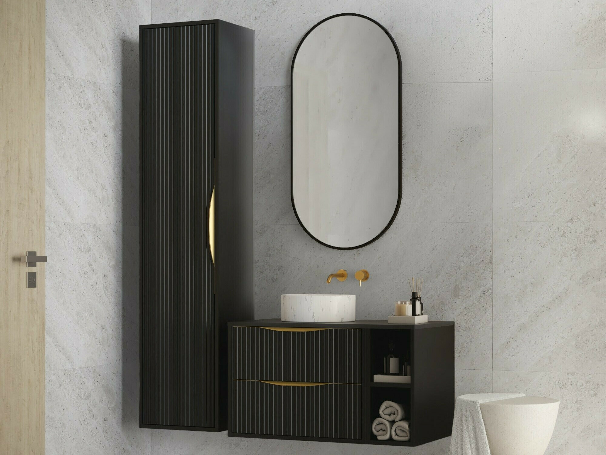 Fali fürdőszoba szekrény Burleson 160 (Fekete)