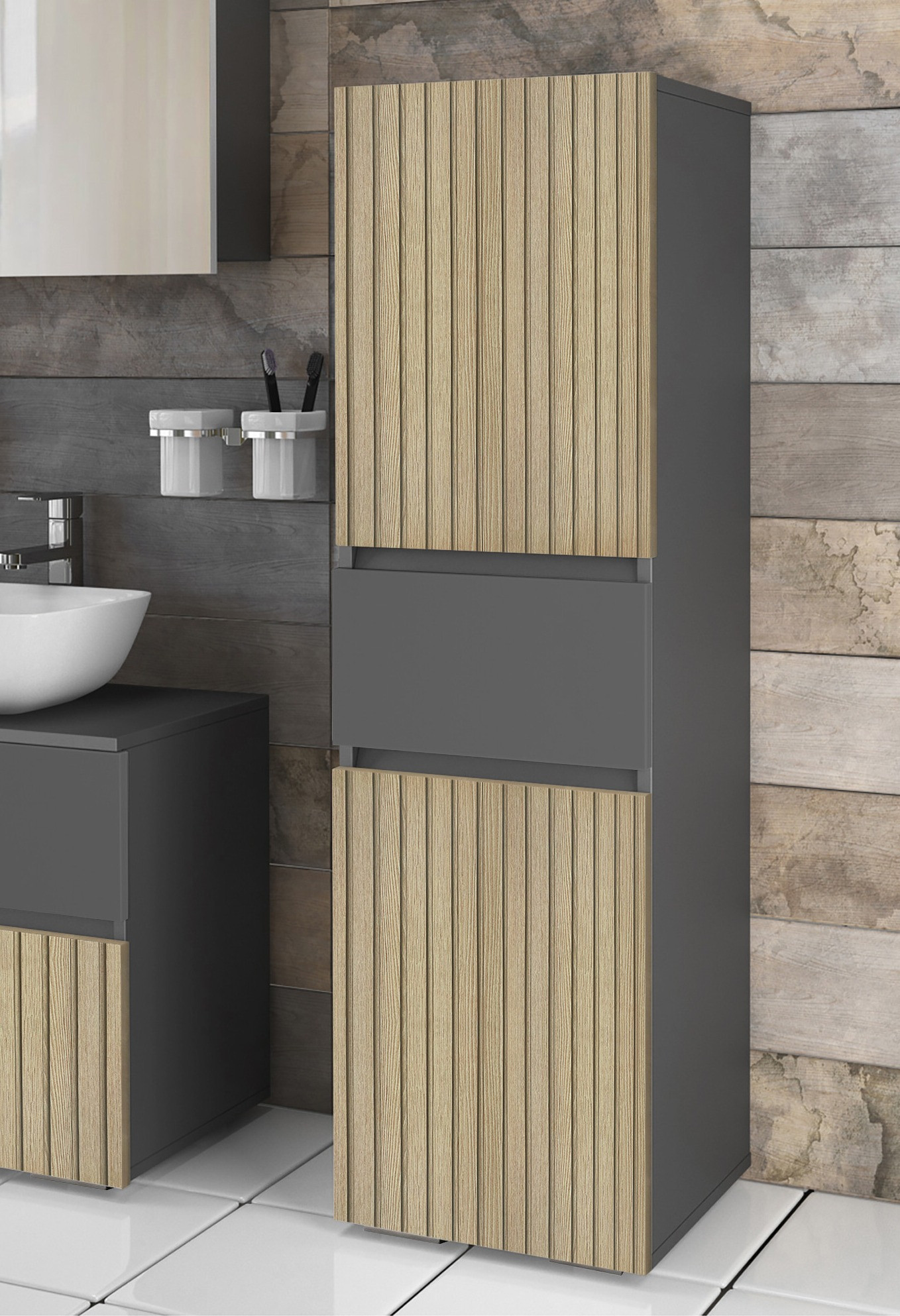 Beépített fürdőszoba szekrény Soncamu 102 (Antracit + Világos tölgy)