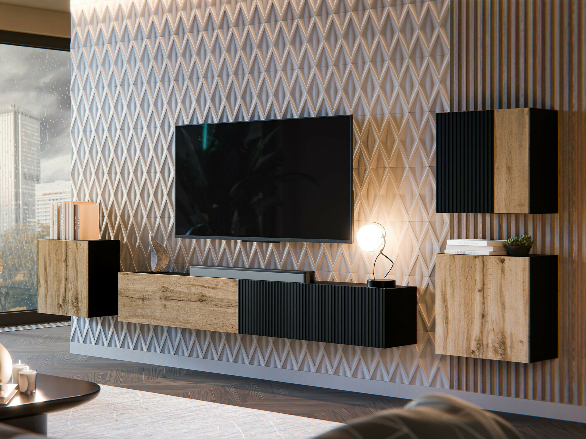 Nappali szett Calveru 108 (Fekete + Wotan tölgy)