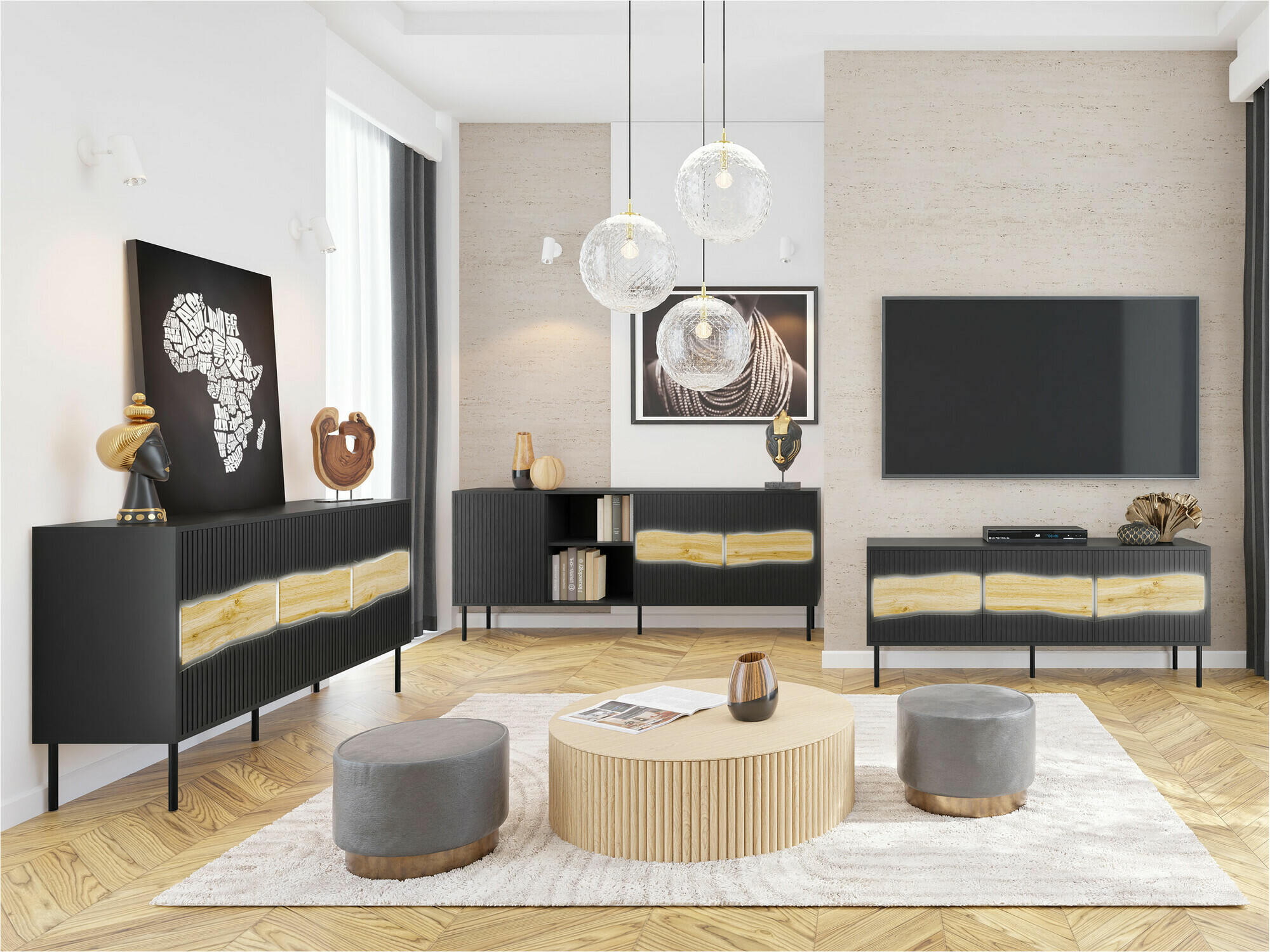 Nappali szett Monevare 105 (Fekete + Wotan tölgy)