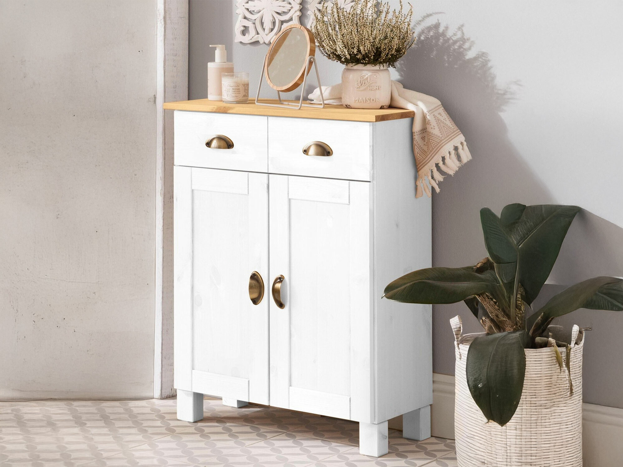 Beépített fürdőszoba szekrény Serelbu 104 (Fehér + Világosbarna)