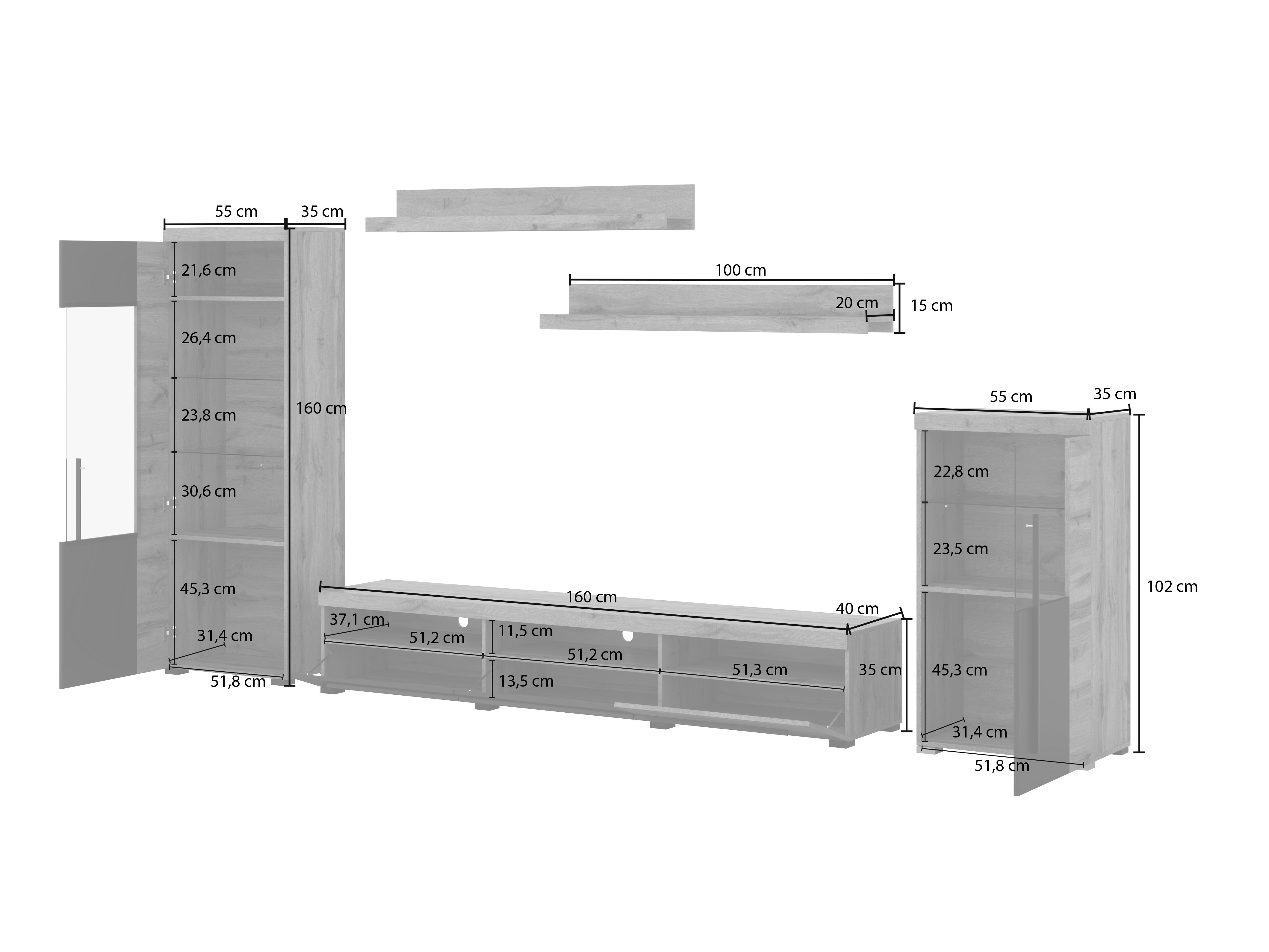 Nappali szett Sorciro 103 (Fekete + Wotan tölgy)