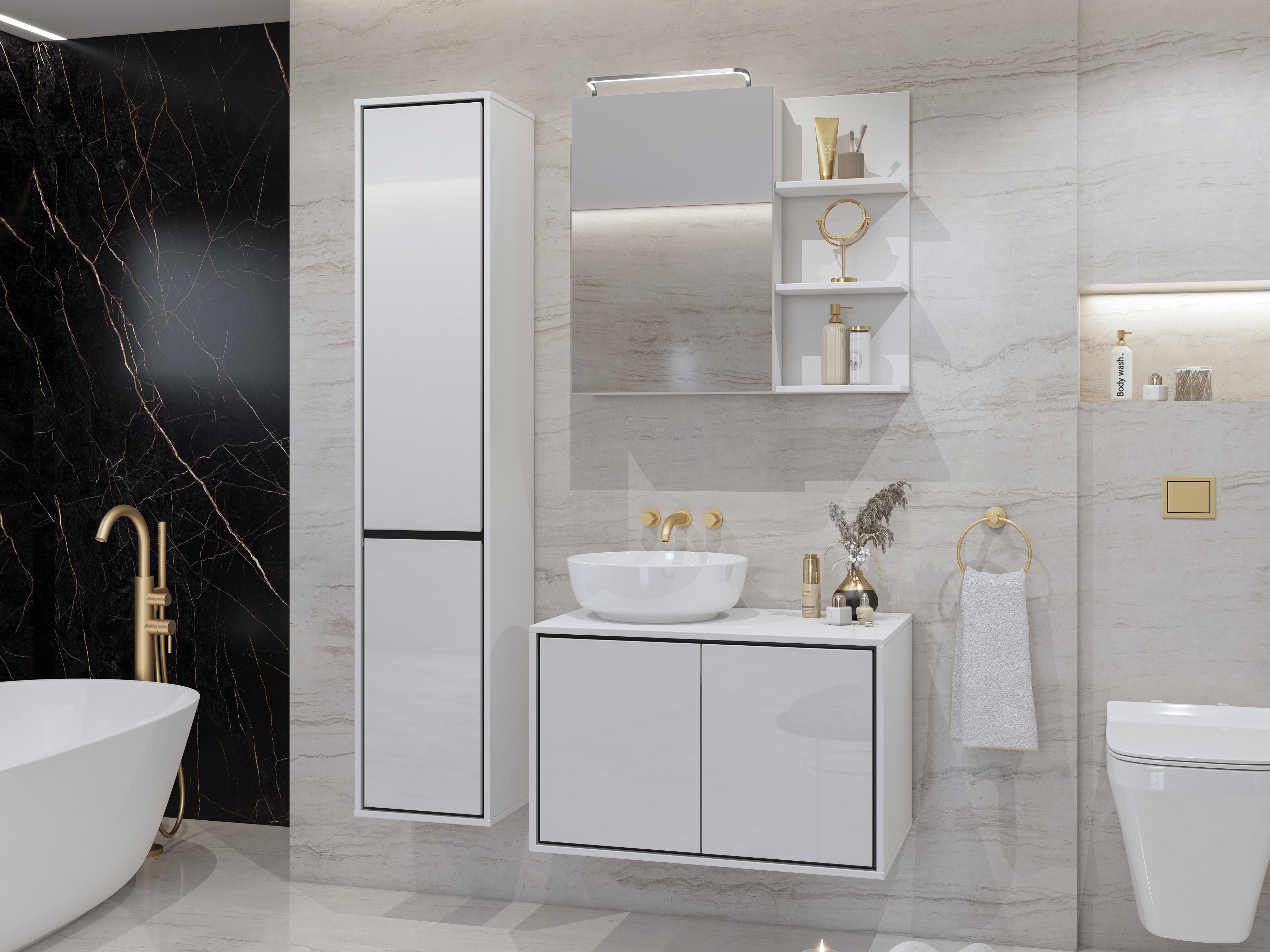 Álló fürdőszoba szekrény Tecavu 101 (Fényes fehér + Fehér)