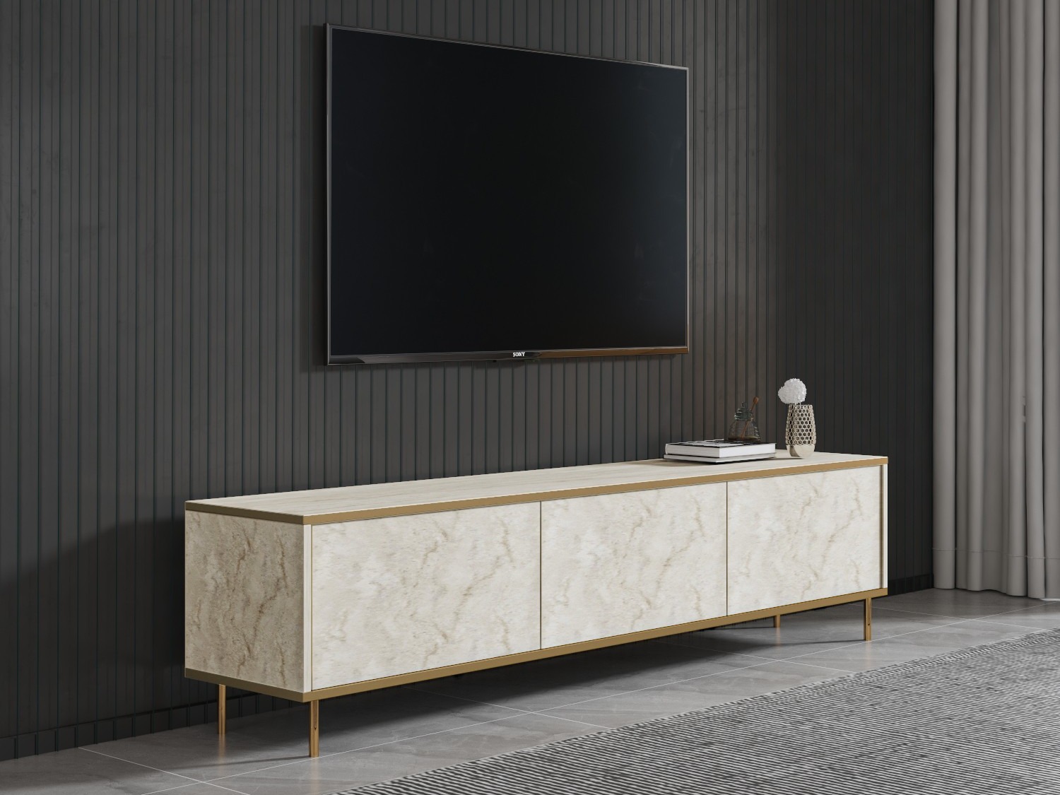 TV-állvány Kailua 2573 (Világos Travertine + Aranysárga)