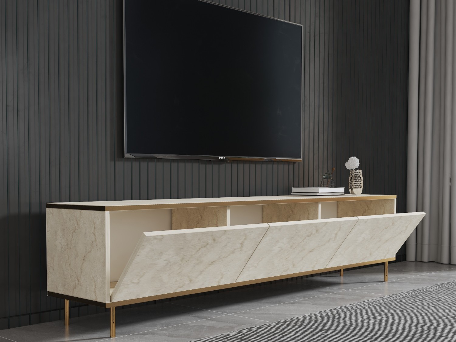 TV-állvány Kailua 2573 (Világos Travertine + Aranysárga)