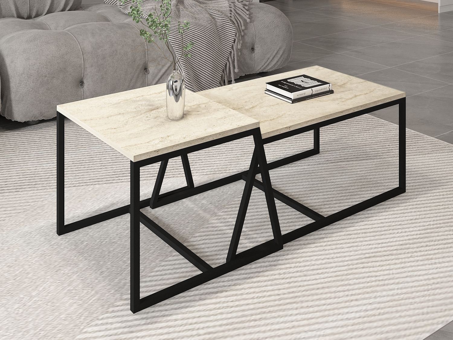 Dohányzóasztal szett Kailua 1804 (Világos Travertine + Fekete)