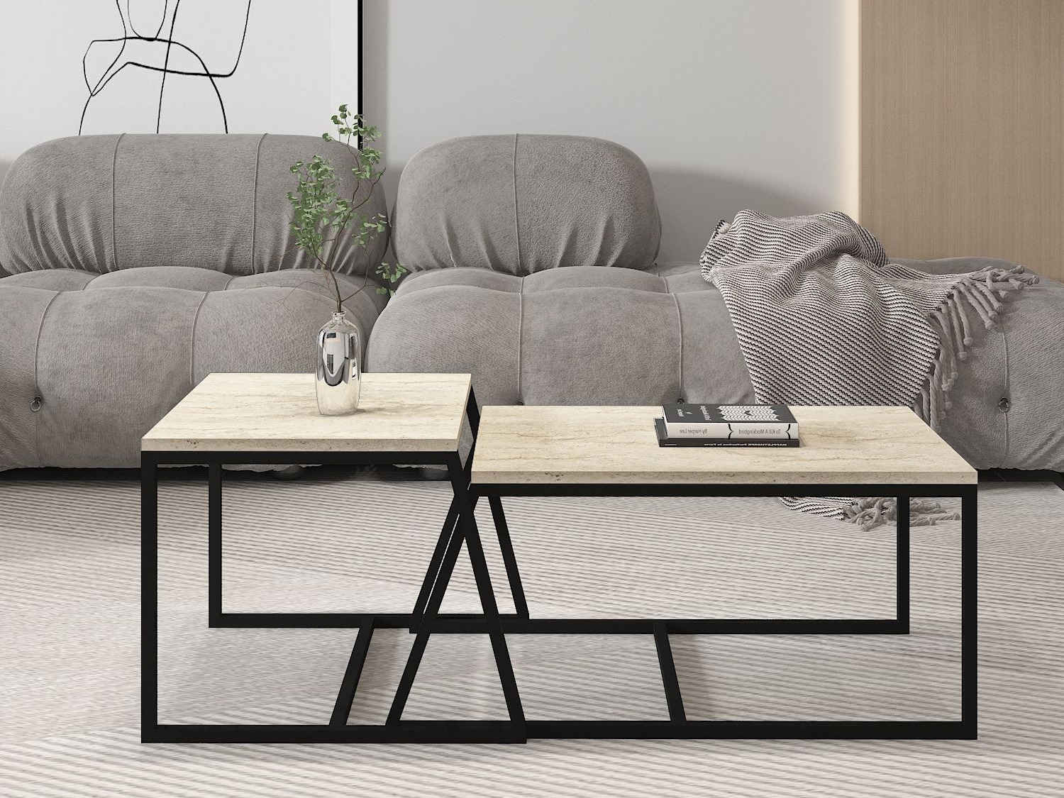 Dohányzóasztal szett Kailua 1804 (Világos Travertine + Fekete)