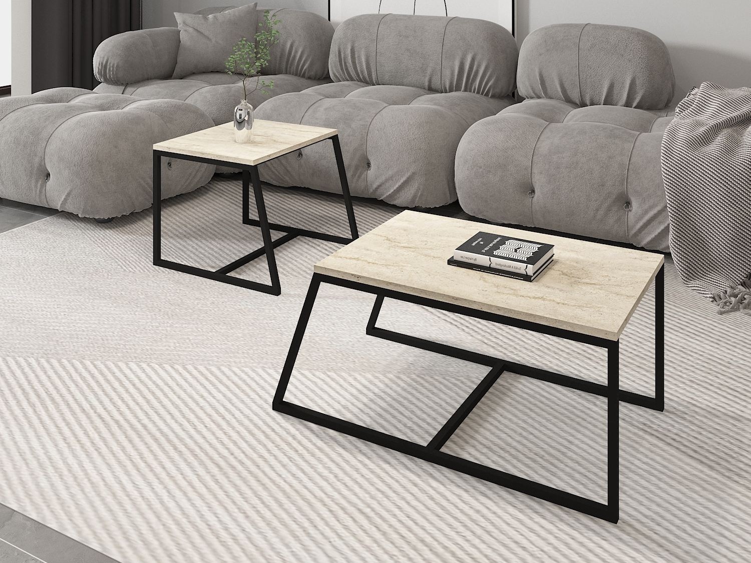 Dohányzóasztal szett Kailua 1804 (Világos Travertine + Fekete)