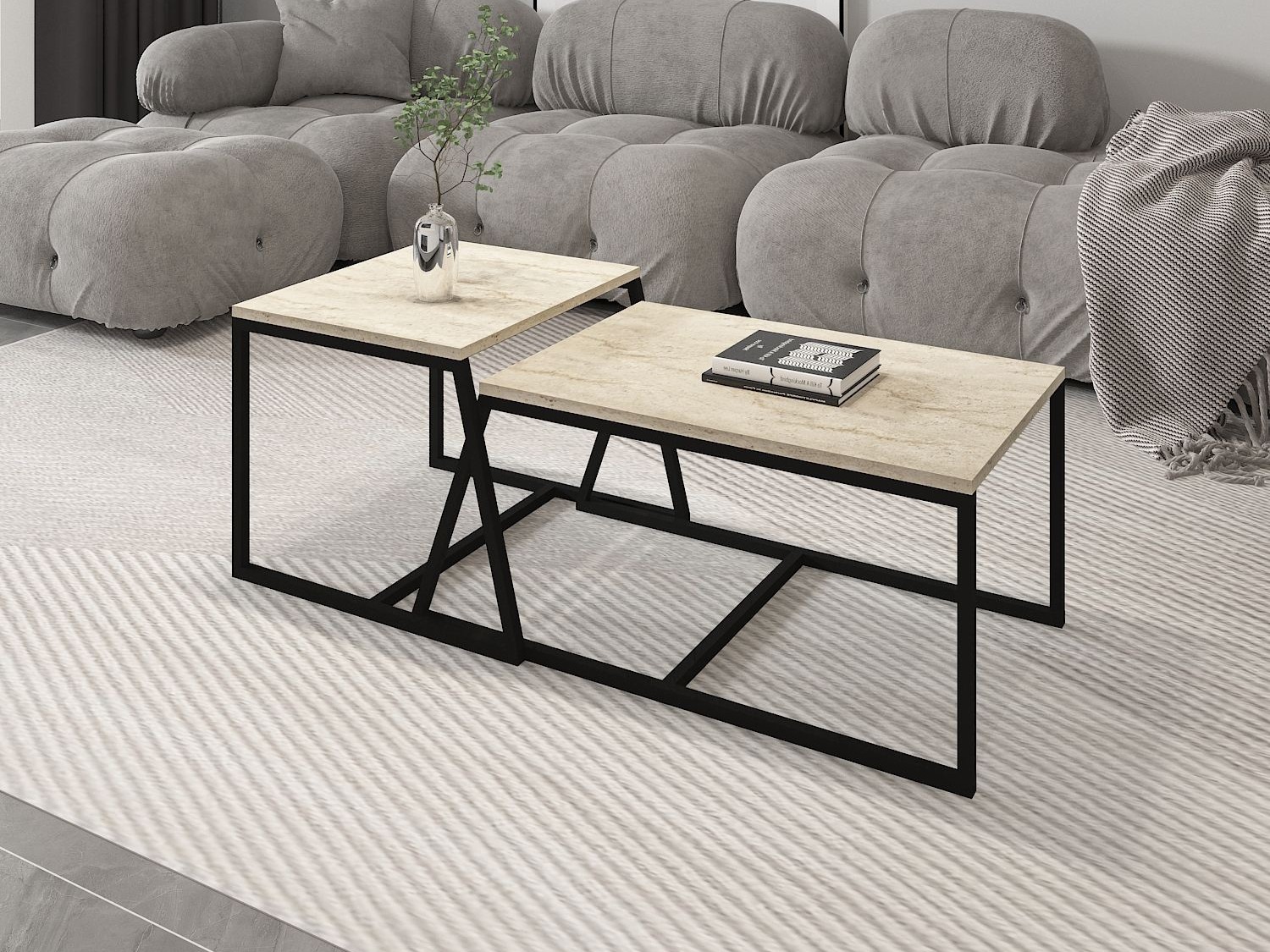 Dohányzóasztal szett Kailua 1804 (Világos Travertine + Fekete)