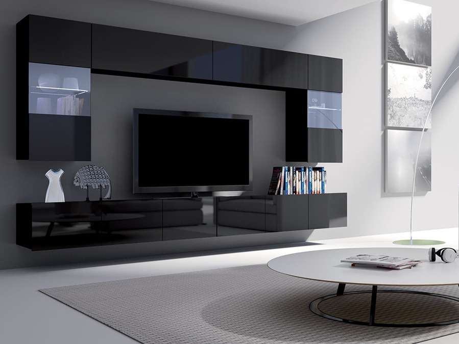 Fali szekrény Tivdalu 101 (Fekete + Fényes fekete)