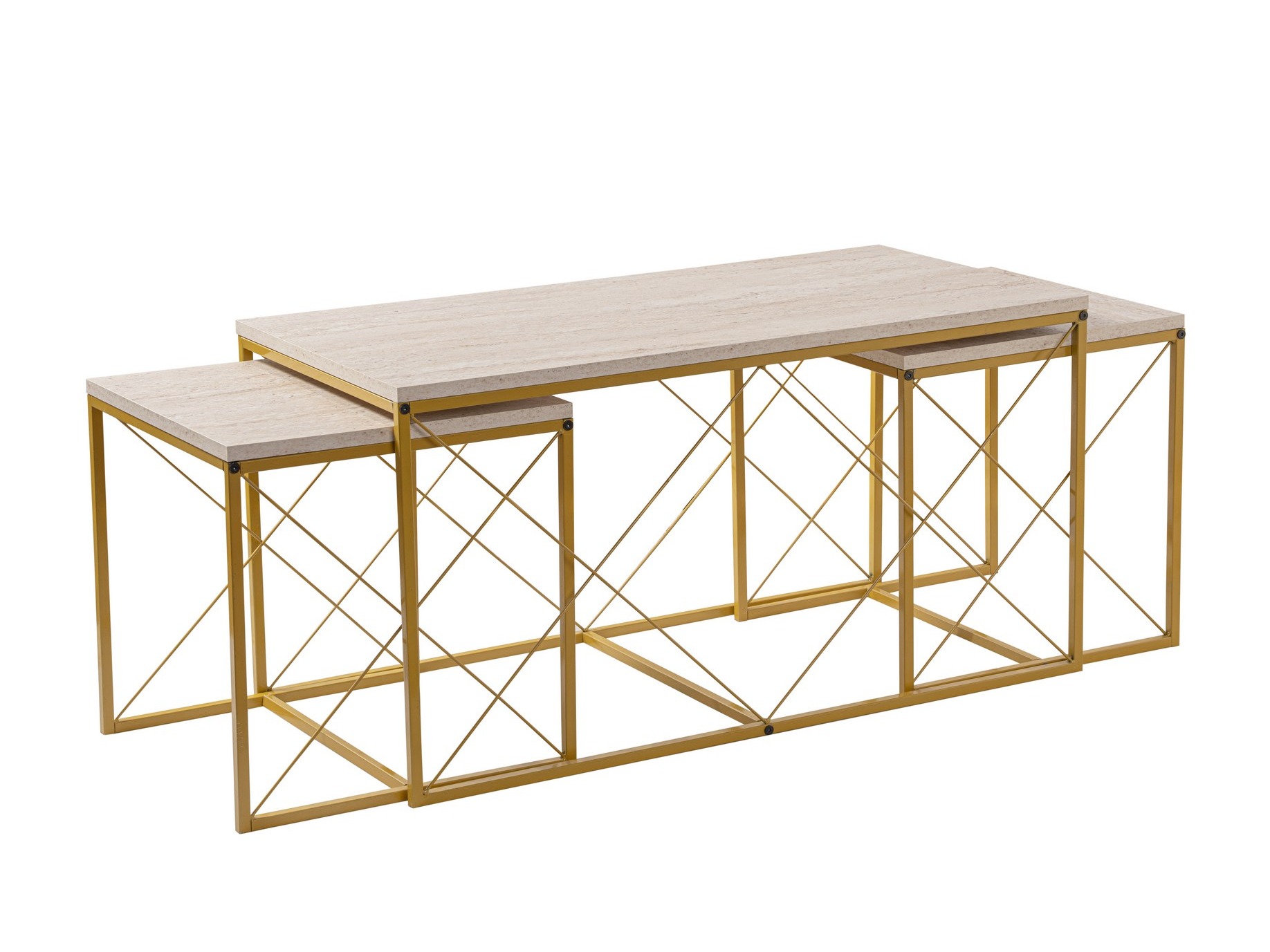 Dohányzóasztal szett Kailua 2619 (Könnyű travertin + Aranysárga)