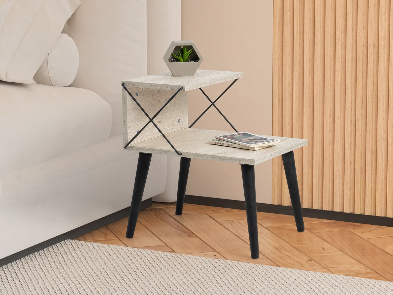 Éjjeliszekrény Kailua 368 (Könnyű travertin + Fekete)