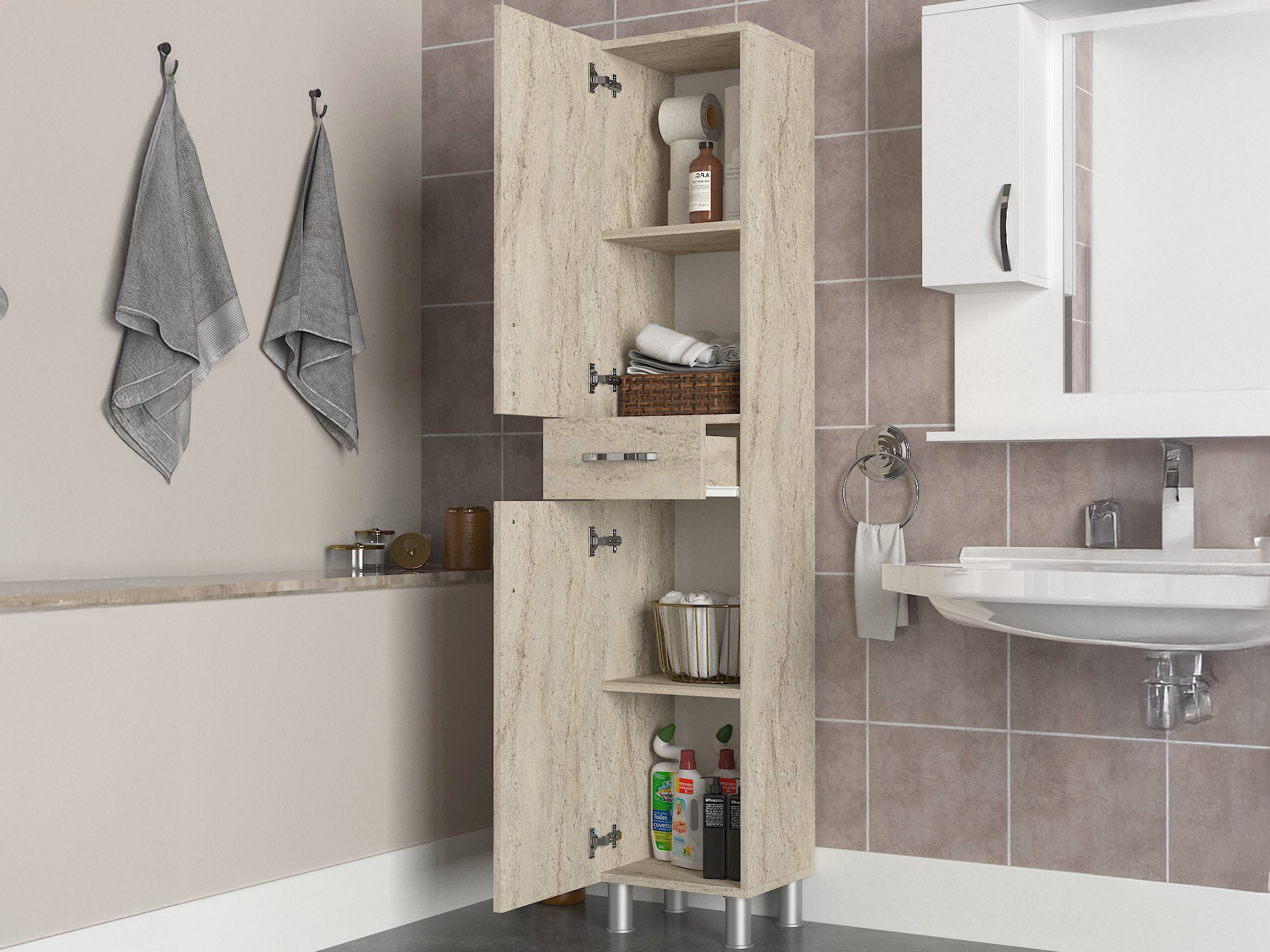 Álló fürdőszoba szekrény Kailua 2657 (Világos Travertine)