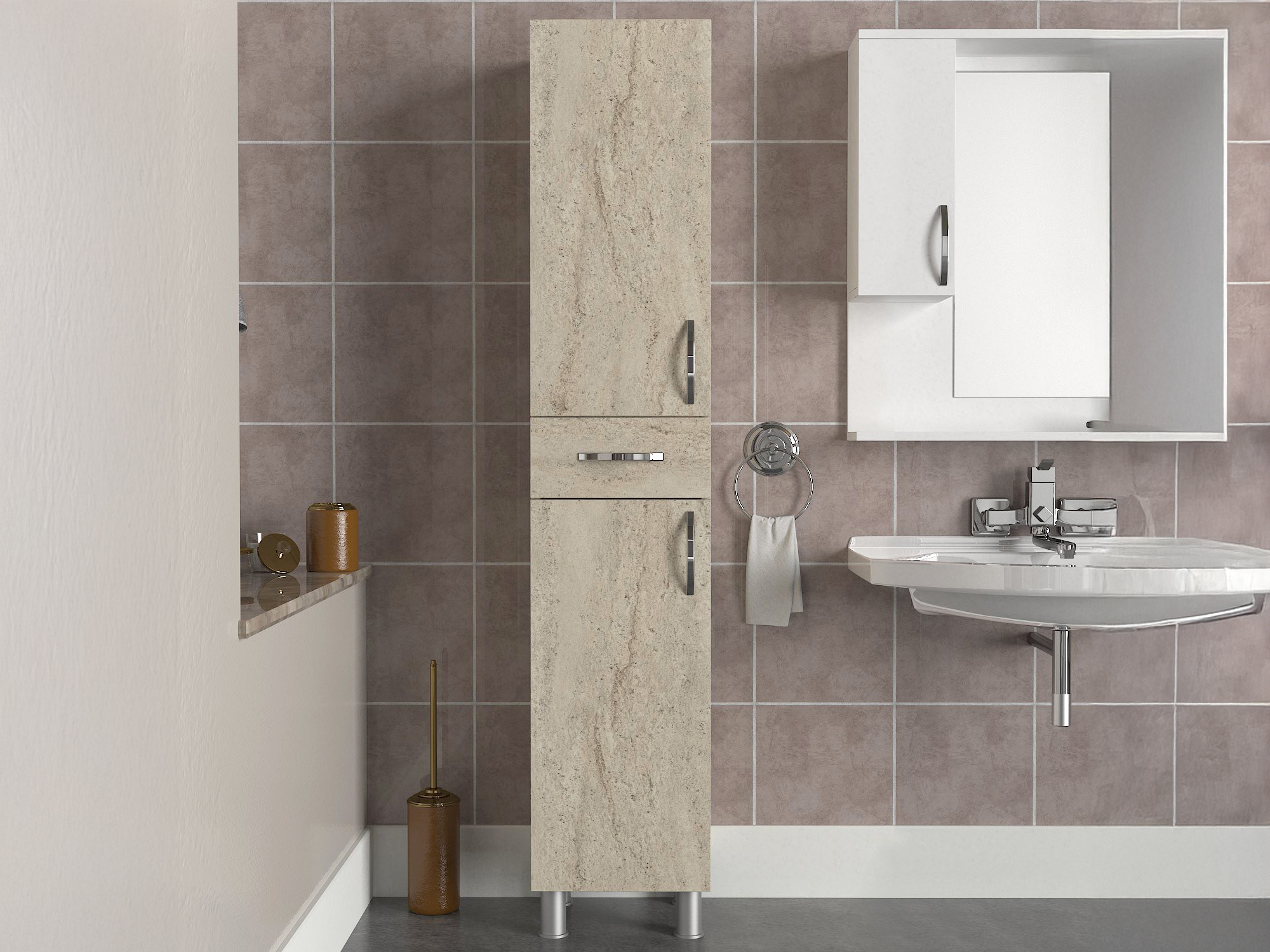 Álló fürdőszoba szekrény Kailua 2657 (Világos Travertine)