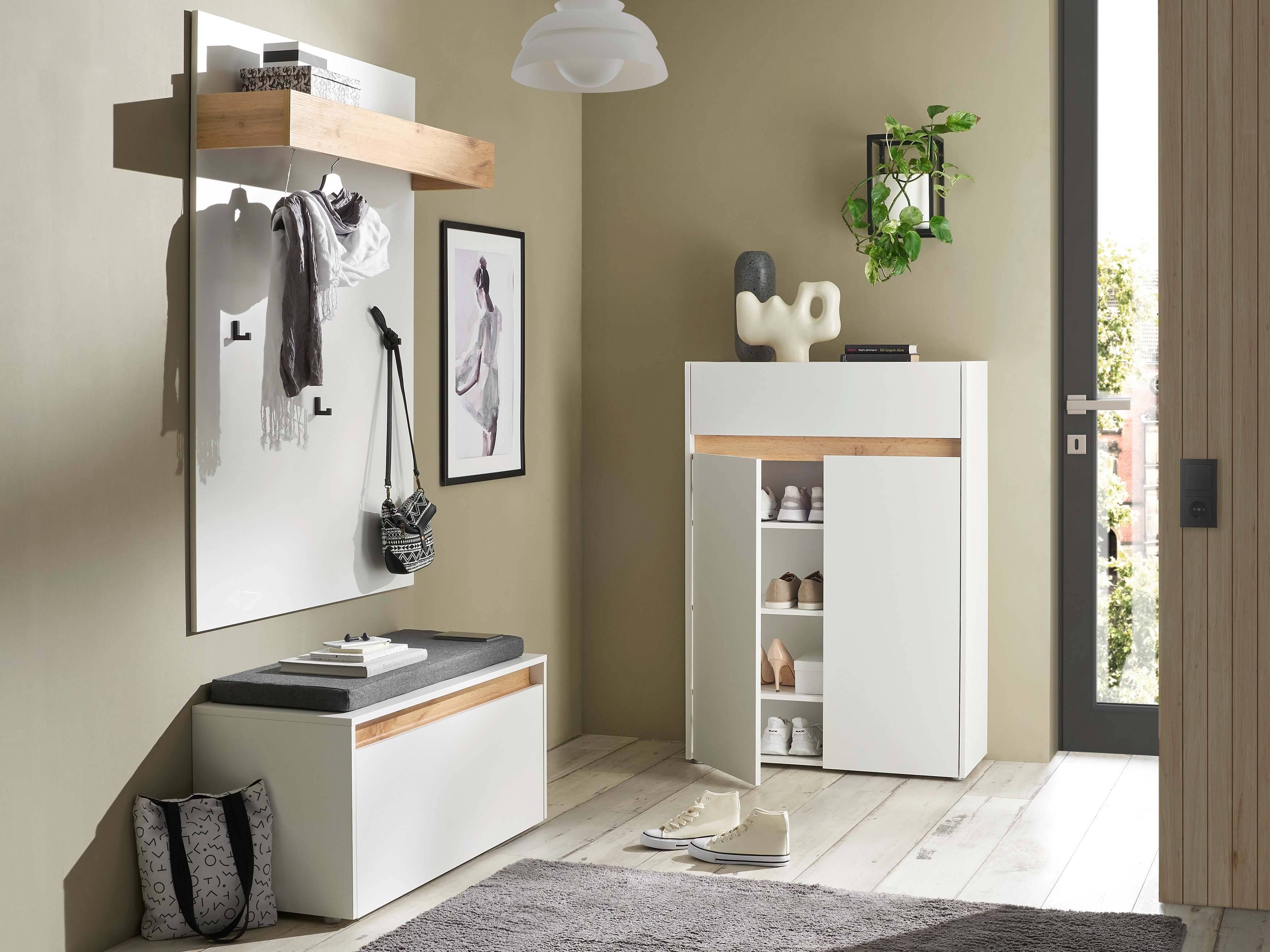 Előszoba garnitúra Elbsori 176 (Fehér + Wotan tölgy)