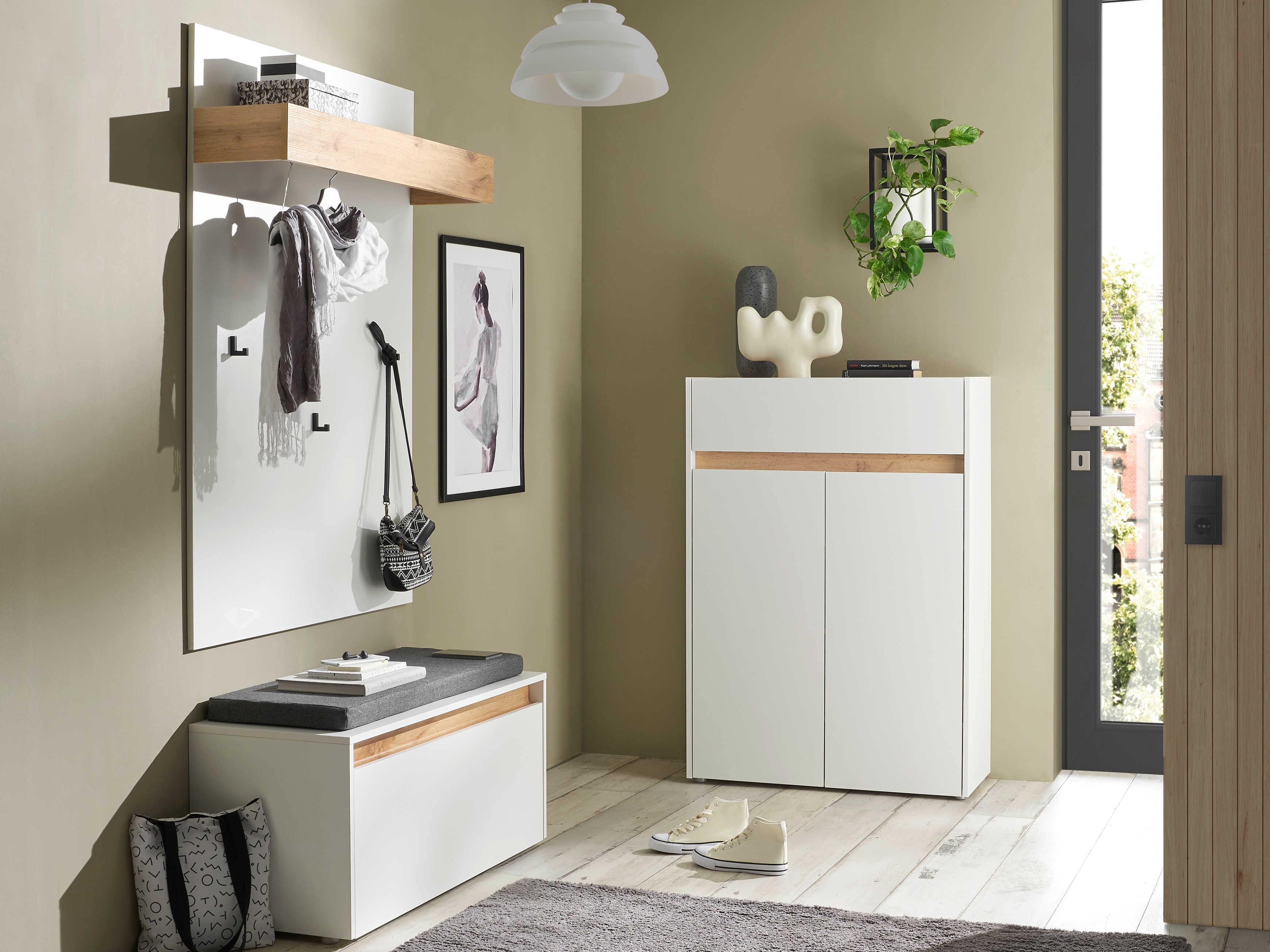 Előszoba garnitúra Elbsori 176 (Fehér + Wotan tölgy)