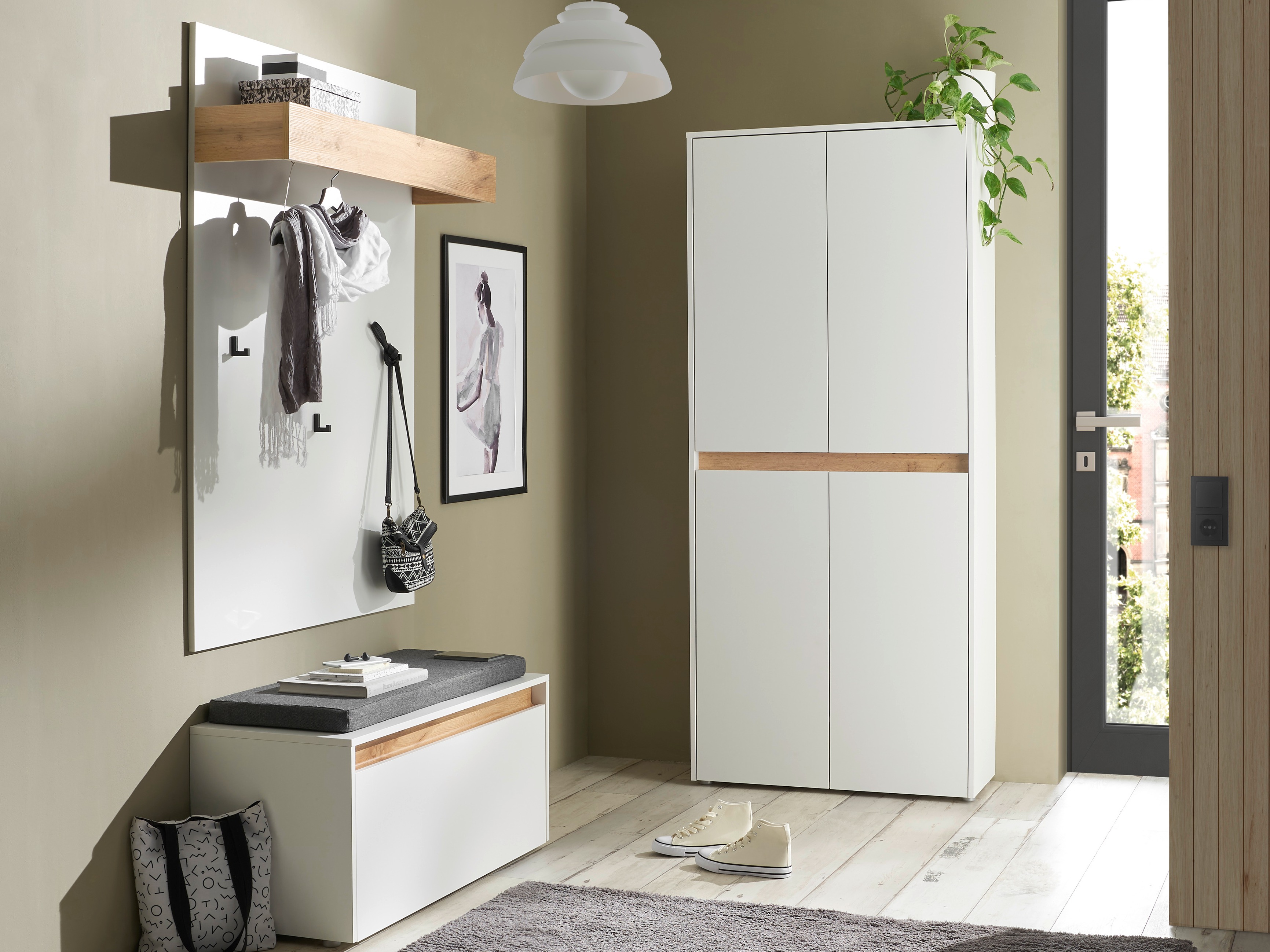 Előszoba garnitúra Elbsori 177 (Fehér + Wotan tölgy)